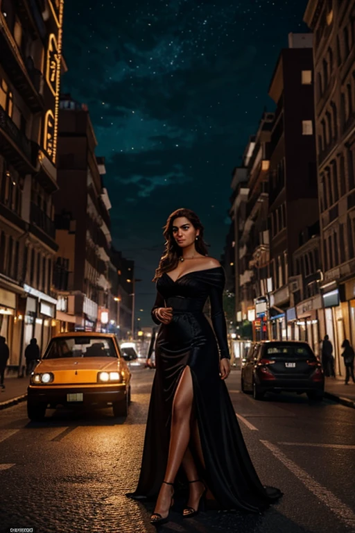 Realistic illustration: A tall, handsome man named Ravi, dressed in formal attire, discreetly trails behind Roma with an air of intrigue and curiosity. His piercing eyes never leave her, taking in every move she makes. Roma, a curvaceous woman with a fierce personality, bears an uncanny resemblance to Kate Winslet. Her long brown hair flows freely around her shoulders, adding to her captivating presence. Amidst the bustling city streets under the cover of night, the vibrant and colorful setting serves as an ideal backdrop to this intriguing scene. With Unreal Engine 5.2, this hyper-realistic illustration is brought to life in 1
