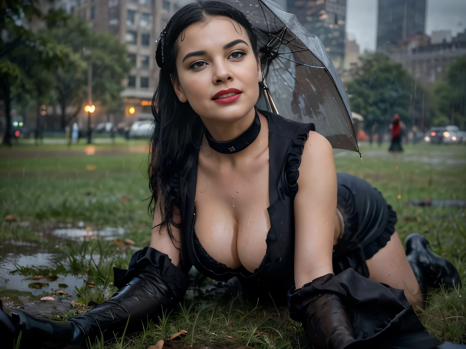 beautiful girl that looks like Bettie page, soaked, under an incredible rain, smile, updo, ponytail hair, red lipstick ,soaked black long maxi-skirt(black long maxi-skirt:1.2), (( long black satin gloves)),high boots, ((and a long completly soaked woolen vest )), flirting with the camera, hand bag on her shoulders, lying on the ground on the grass of central park  durnig an incredible rain, no place to cover, happy aniway under this thunderstrom rainy day, rain, rain, rain,