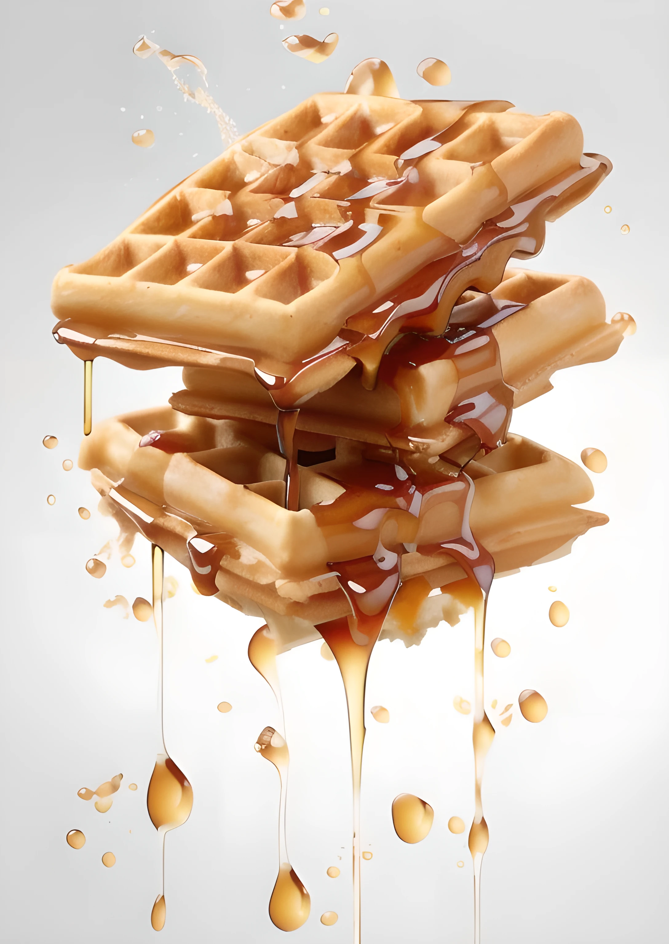 a close up of a waffle being drizzled with syrup, Hyperrealistic Food Photography, syrup, maple syrup fluid, maple syrup sea, maple syrup highlights, high quality topical render, Honey dripping, caramel, Decomposition waffles, maple syrup, Ultra-realistic painting, Ultra-detailed and crisp rendering, Ultra-realistic illustrations, wafflehouse, Ultra-Realistic Rendering, Ultra-Realistic Rendering
