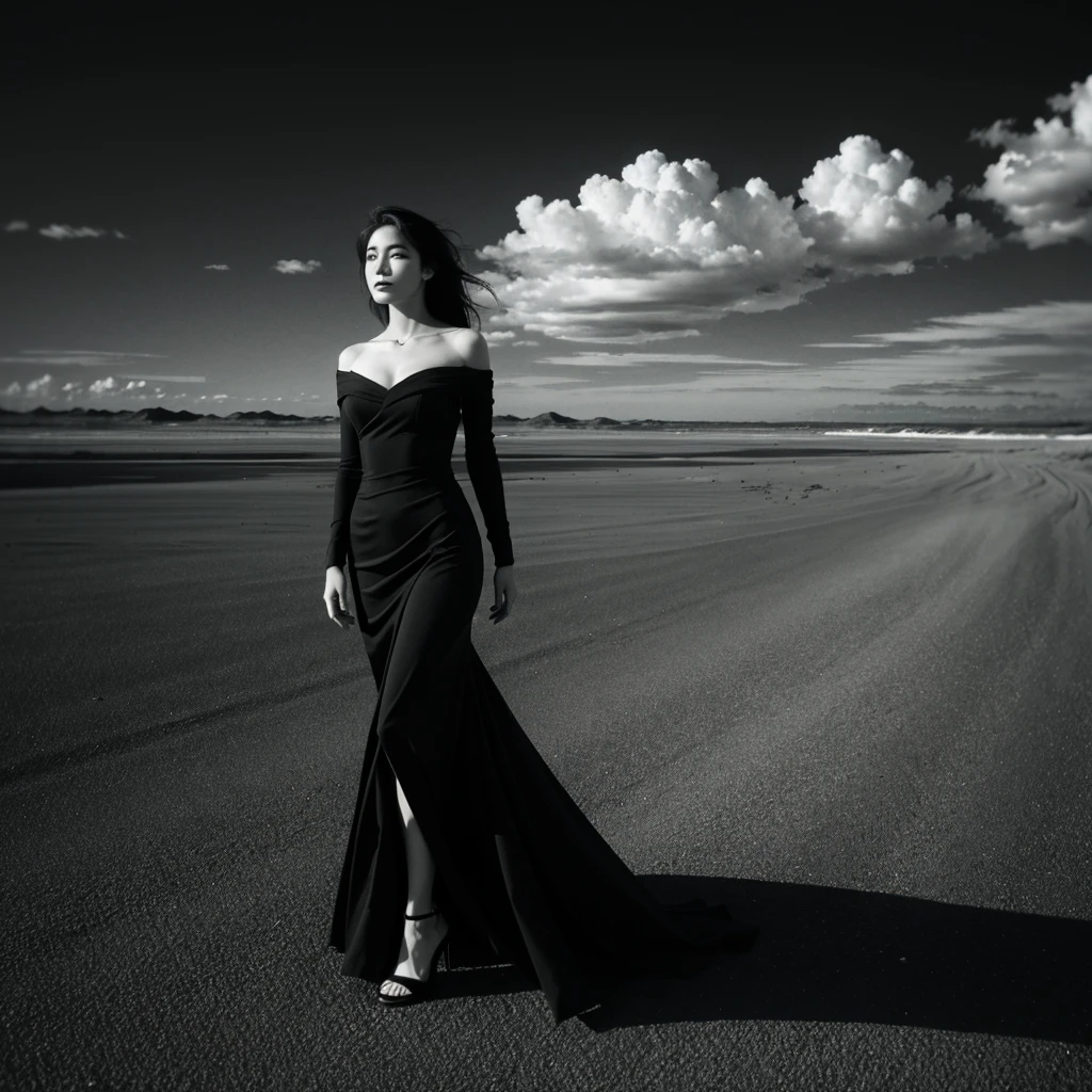 (black and white photography, high contrast、Infrared Filter)、highest quality, masterpiece, ultra high resolution, (realistic:1.4), Raw photo, 1 girl, beautiful face、off shoulder, Distant view of the dune ridge from a high vantage point、Woman standing with sand dune peaks in the background、black mermaid dress、black high heels、The hem of the dress flutters in the wind、(close up of face:1.3)、Impressive clouds、The woman walks away、A series of footprints、