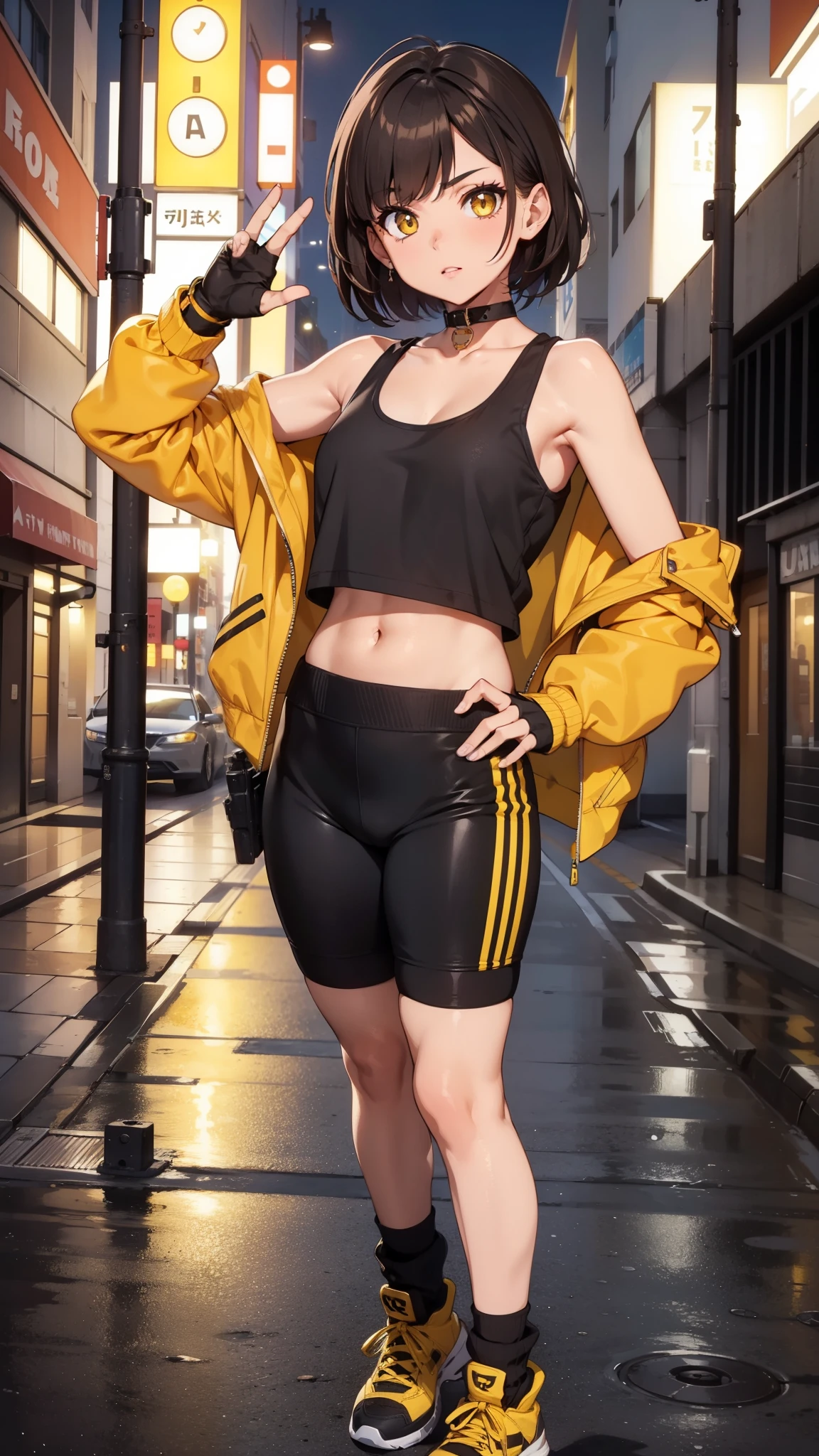 street dancer, short hair, brown hair, yellow glowing eyes, perfect lips, cute expression, cute face, cute pose, fingerless gloves, gun, tank top, jacket, cute pose, ultra detailed face, long eyelashes, sharp eyes , Fullbody shot, dinamic viewer,