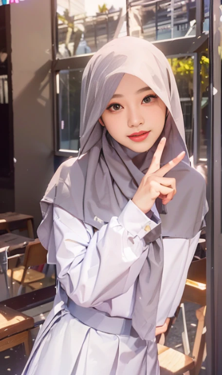masterpiece, best quality, 8k, 85mm portrait, absurdres, beautiful girl, (upper body:1.4), cute, street,white shirt, (white shirt, long sleeve,grey skirt, plain skirt, grey tie:1.2),(head covered hijab, islamic hijab, white hijab:1.1,silk clothes) shoulder covered,(Indonesia, jakarta:0.7), natural makeup,ulzzang,17 years old, perspective, depth of field, ultra realistic, highres, photography, sharp focus,,HDR, facelight, dynamic lighting, highest detailed, extreme detailed, ultra detailed, finely detail, real skin, delicate facial features,v sign,finger v,classroom,