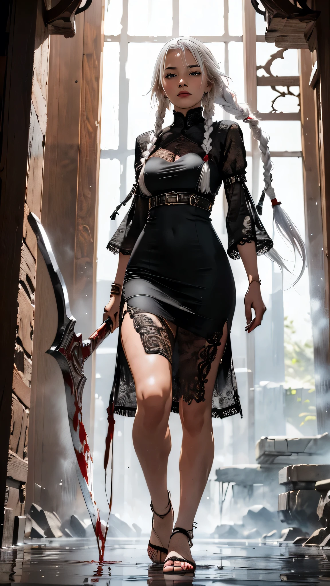 (best quality,highres,ultra-detailed:1.2),a woman with a blood-stained huge axe, disheveled hairstyle, long braids, a woman with dyed white hair, 28 years old, wearing a black short-sleeved dress, White lace at the hem., alluring atmosphere, charming, beautiful, a pool of blood at her feet