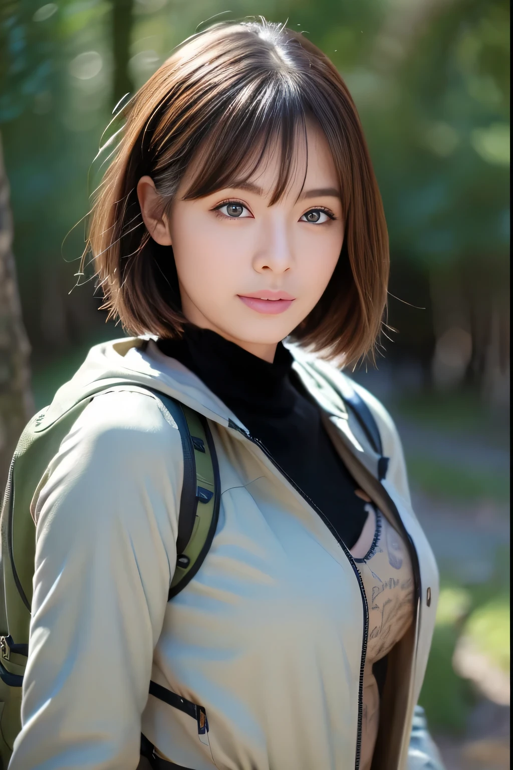 Very beautiful woman, Highly detailed eyes, Highly detailed face,  Sexy and highly detailed lips, Super detailed everything, Attractive woman, Black Choker, blue eyes, Very long eyelashes, bangs, Big Breasts, , highest quality, masterpiece, ((Slim face)), Japanese actress, servant, ((High nose)), ((hiker, Hiking boots, Mountaineering equipment)), Happy atmosphere, , ((forest, Deep in the mountains, Herb Grove)), Medium Hair、Ice axe、knife