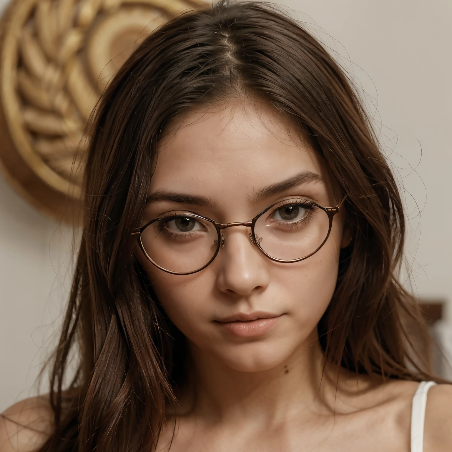  de rosto fofo, cabelo castanho escuro e na altura do ombro, franja na altura do nariz, olhos castanhos e amendoados, boca carnuda, nariz redondinho, Round glasses, covinhas na bochecha 