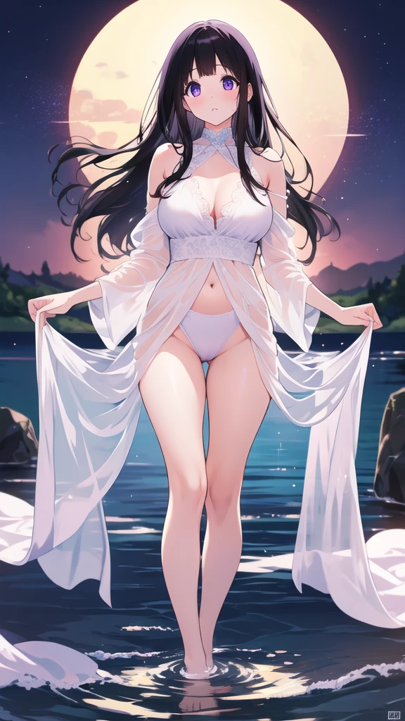 Stunning Chitanda, 只有一个beautiful girl，Purple Eyes, Black Hair, Naturally straight hair, Straight bangs，Extremely refined，open your lips，Face is so red，The skin is very white，big eyes，Long flowing hair，beautiful girl, Like a dream，Slim，Soft, (Sensual), (Kawaii), Dream quality，night，moonlight，Bathing in the lake，soaking in water，Completely naked，Exposing breasts，Half immerse yourself in water，No pants，Delicate clavicle，Delicate hands and feet，Bare neck，Bare thighs，Exposing the groin，Camel toe，Bare legs，barefoot，extremely shy，Ultra-high resolution, (masterpiece:1.2, best quality), (Delicate and beautiful eyes: 1.2), (Beautiful and delicate face)