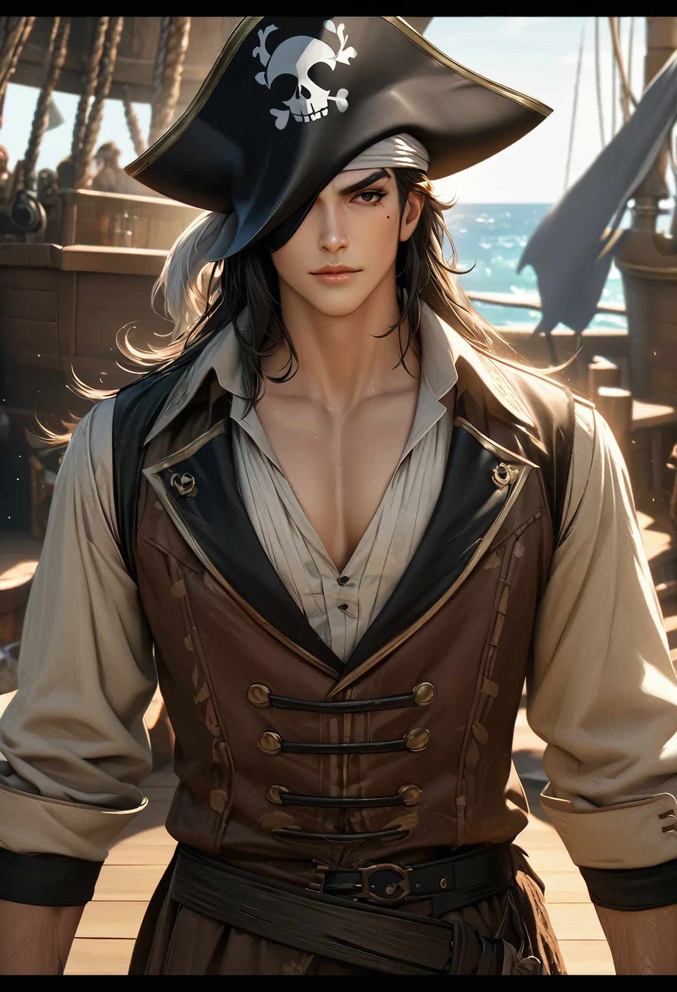 Little Masterpiece, highest quality, High resolution, High resolution, High resolution, High resolution, 4K, 8k, unity 8k wallpaper, High resolution CG, masterpiece, Realistic, Beautiful in every detail, depth, Detailed Texture, highest quality: 1.3, Total concentration, Perfect Skin, he, very good-looking handsome young male pirate, anime, pirate, Cool handsome、Handsome、pirate costume, pirate ship, whole body, mole under the eye, gaze looking at the viewer, Lips parted,