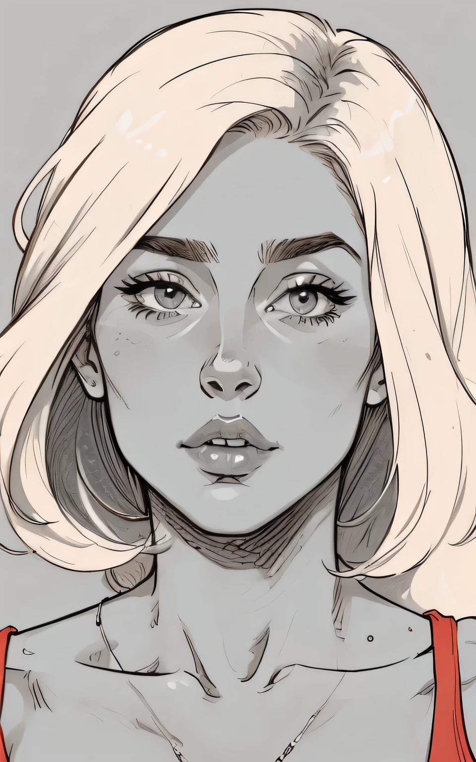 Flat colors, close up, portrait of a 25 year old surfer looking girl, tan skin, beach blonde salty hair, natural beaty, beautiful, casual, Cleavage, ((([simply grey background])) 