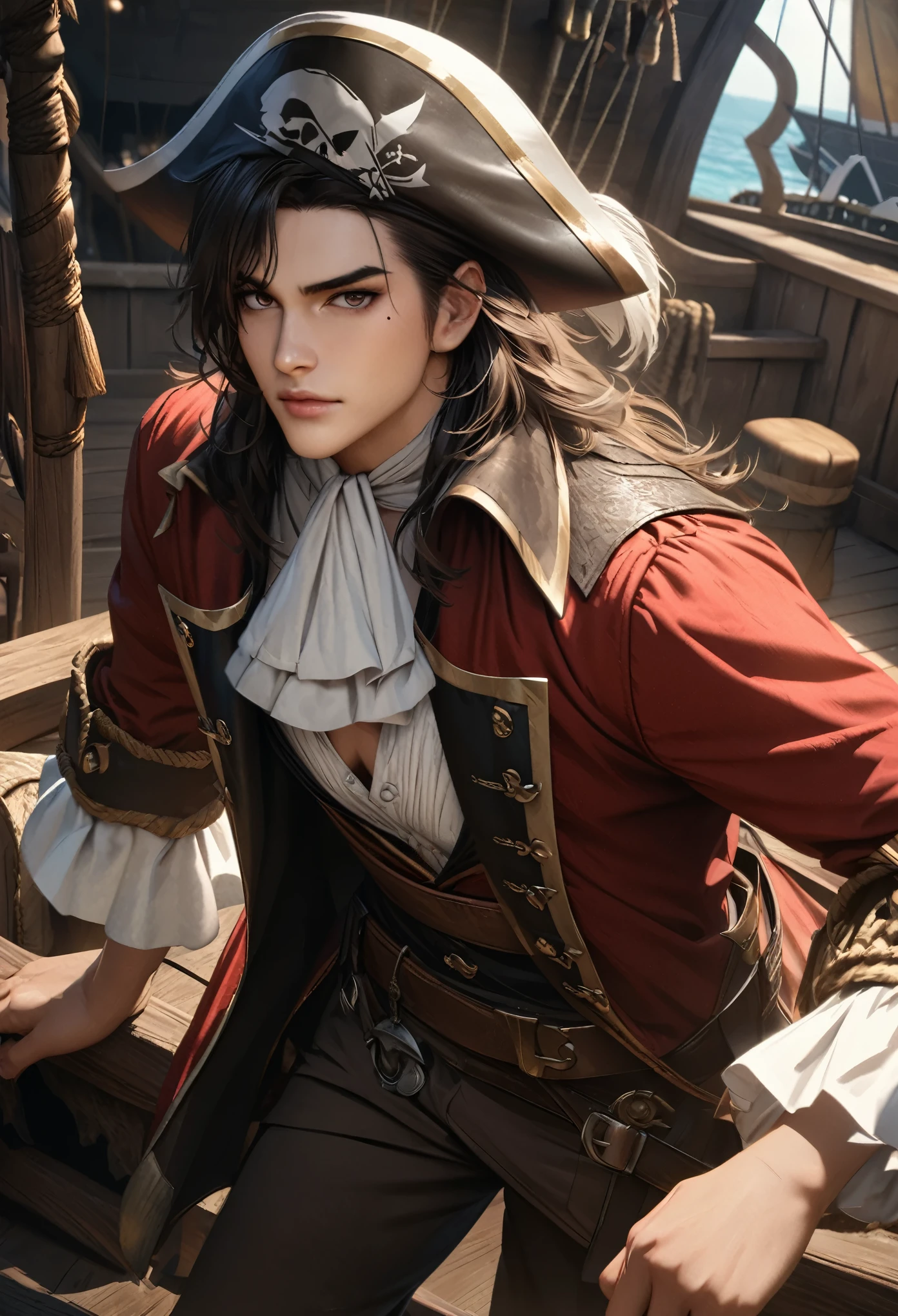 Little Masterpiece, highest quality, High resolution, High resolution, High resolution, High resolution, 4K, 8k, unity 8k wallpaper, High resolution CG, masterpiece, Realistic, Beautiful in every detail, depth, Detailed Texture, highest quality: 1.3, Total concentration, Perfect Skin, he, very good-looking handsome young male pirate, anime, pirate, Cool handsome、Handsome、pirate costume, pirate ship, whole body, mole under the eye, gaze looking at the viewer, Lips parted,