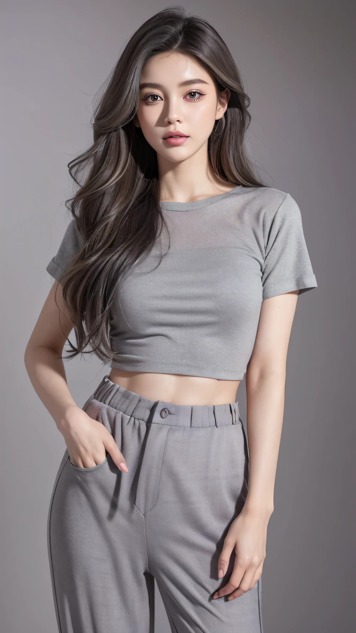 (girl), face, sweet, ((grey-purple textured wavy hair)), exquisite facial features, (exquisite gray-purple wavy layered long hair, hair with highlights) brown eyes, eyelashes, red lips , ((Standing and looking straight ahead)) makeup, portrait, (glossy skin), purity, solo, ((wearing a summer fashionable short-sleeved top, fashionable retro high-waisted plaid pants,)), hands in pockets , exquisite hands posing, fingers complete and flawless, exquisite nose, magazine, model poss, fashion trend, cold face, mouth closed, half body, ((pure gray background)), ultra-clear.
