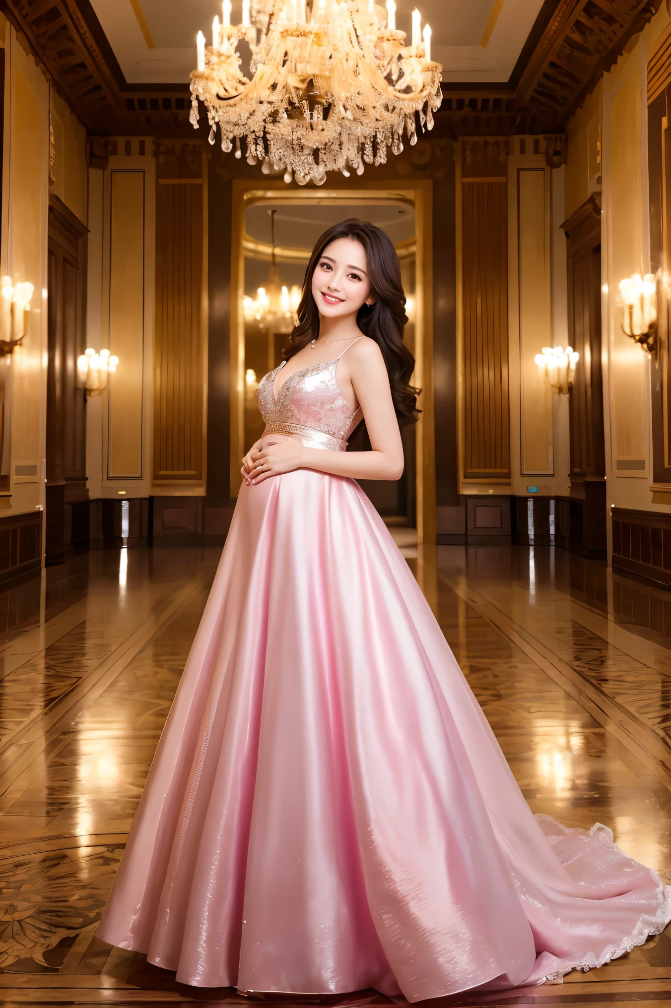 (highest quality、Masterpiece、8k、Best image quality、Award-winning works)、1 female、(pregnancy:1.1)、(alone:1.1)、(1 photo:1.1)、(Elegant luxury dress:1.1)、(Gorgeous dress with intricate details:1.1)、Perfect Makeup、thin、The biggest smile is looking at me、(height: 140cm:1.2)、(Very short:1.2)、standing full body photo、Perfect Anatomy、(A luxurious and glamorous palace party venue:1.1)、(A gorgeous and spacious party venue:1.1)、very bright and vivid、Beautiful eyes in ultra-high resolution、Ultra high resolution perfect beautiful teeth、Ultra-high definition beauty face、Ultra HD beautiful hair、Perfect teeth alignment