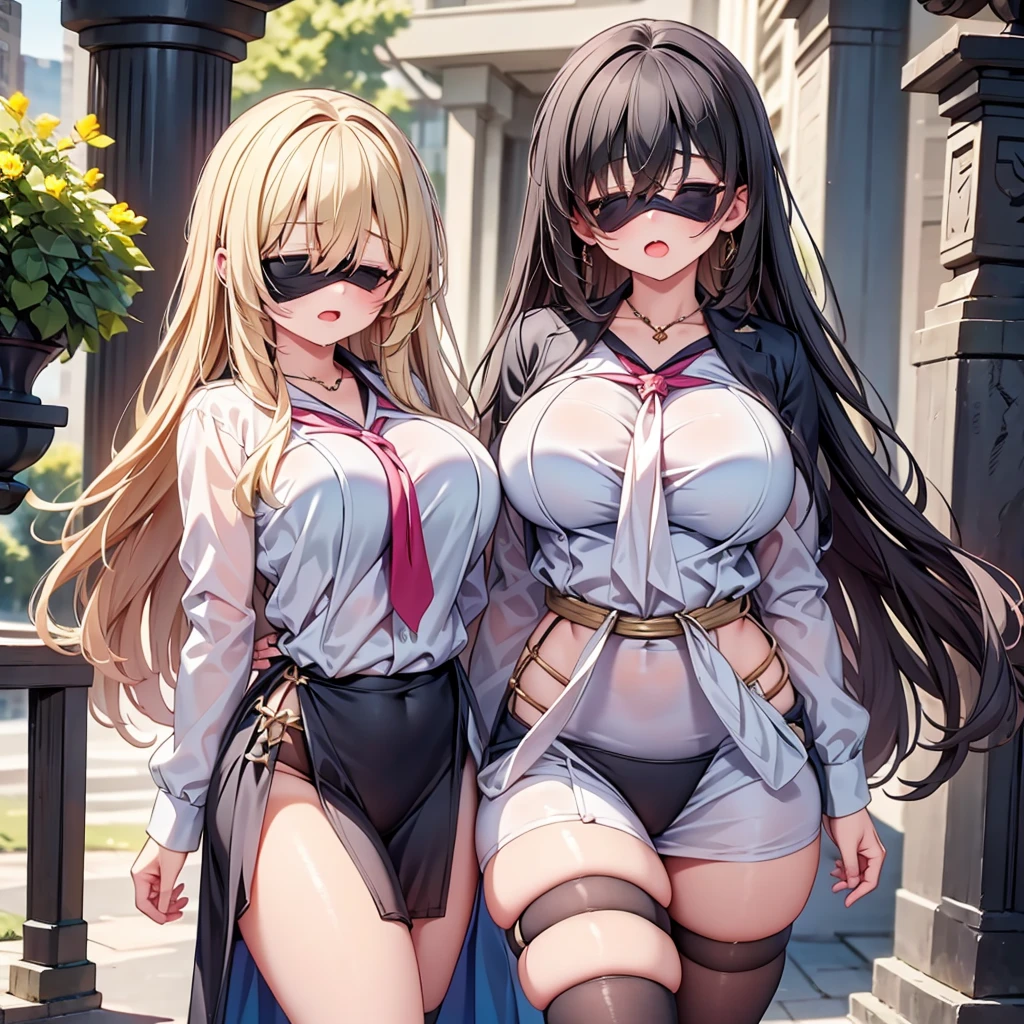 highest quality,wonderful,finely,extremely detailed CG Unity 8K wallpaper, (Stand in line:1.2), (3 girls, clothed), (huge breasts), (open mouth:1.1), (long tongue:1.1), (mouth drool:1.1), (black stockings:1.1),(Thighs:1.2),(Waistline:1.2),(black blindfold, blindfold:1.5)