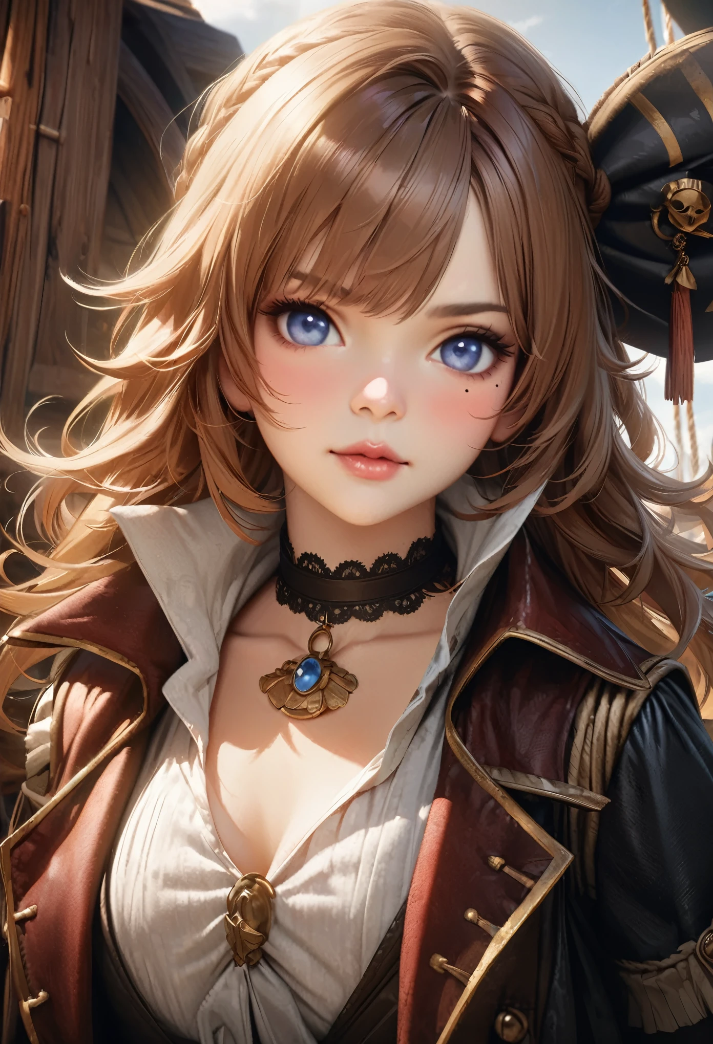 Littlemasterpiece, highest quality, Very detailed, High resolution, High resolution, High resolution, 4K, 8k, unity 8k wallpaper, Very detailed CG, masterpiece, Realistic, Beautiful details, depth, Fine texture, highest quality: 1.3, Total concentration, Perfect Skin, he, Very cute anime, Female pirate, Pirate costumes, pirate ship, whole body, Mole under the eye, sight, expensive, blush, Lips parted, heの芸術, blue eyes, choker