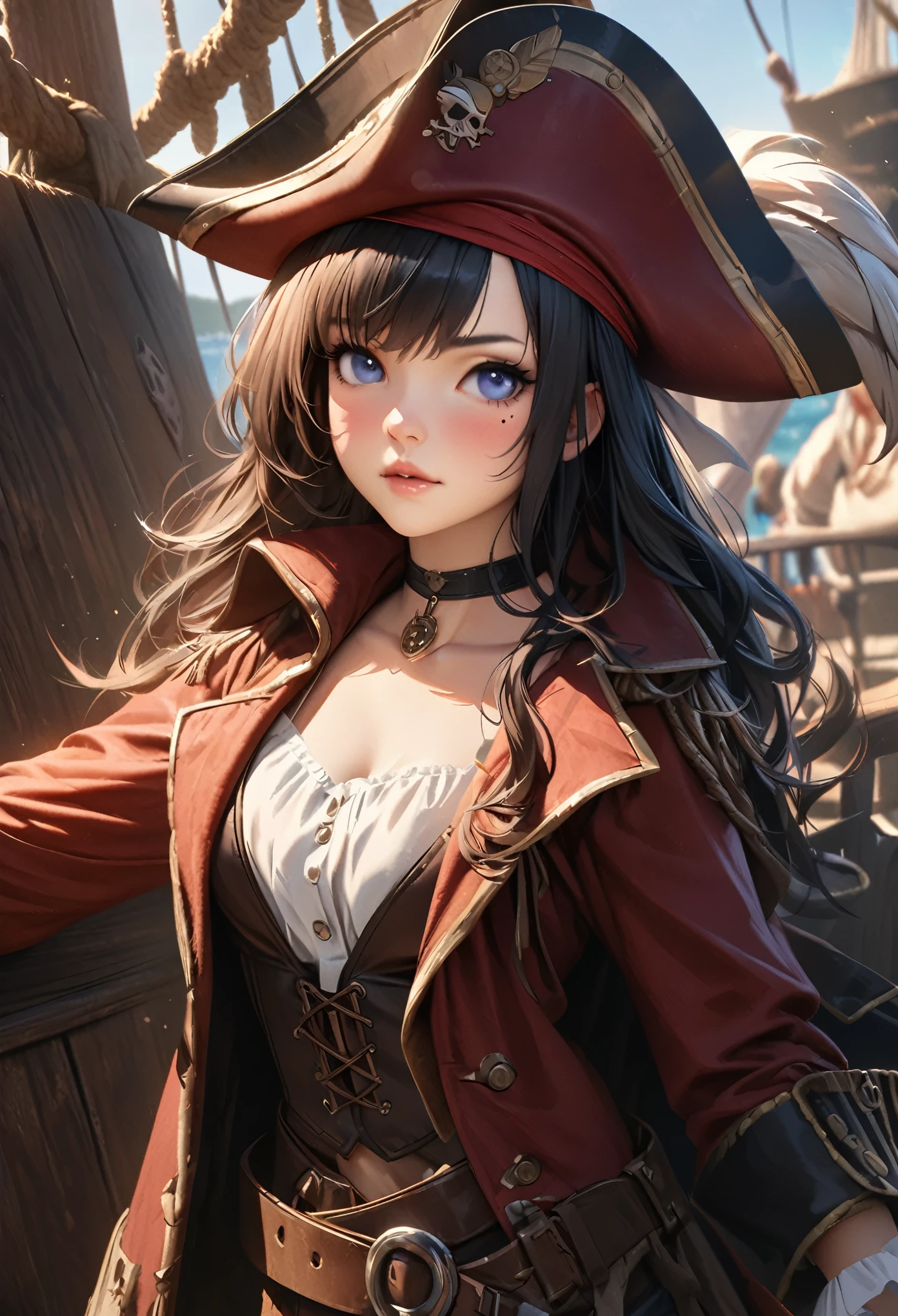 Littlemasterpiece, highest quality, Very detailed, High resolution, High resolution, High resolution, 4K, 8k, unity 8k wallpaper, Very detailed CG, masterpiece, Realistic, Beautiful details, depth, Fine texture, highest quality: 1.3, Total concentration, Perfect Skin, he, Very cute anime, Female pirate, Pirate costumes, pirate ship, whole body, Mole under the eye, sight, expensive, blush, Lips parted, heの芸術, blue eyes, choker