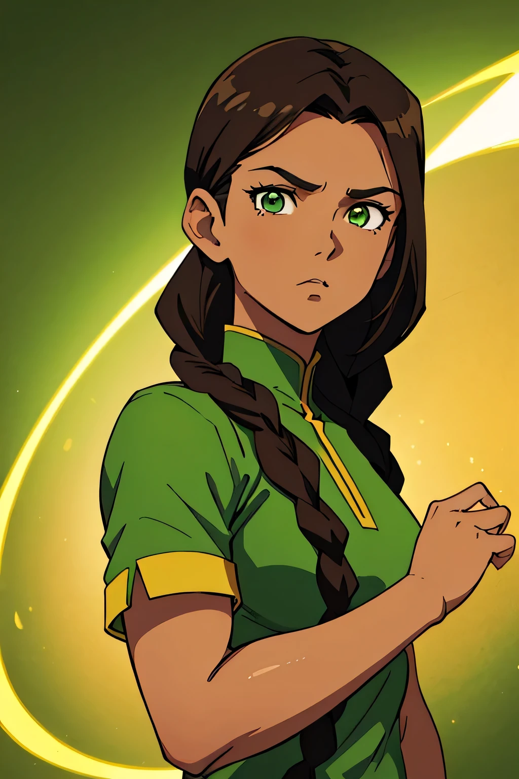 Earthbender human woman with tanned skin. She is a 16-year-old teenager with green eyes and green clothing. Her hair is long and brown in color; it is fastened in a large braid. Just one braid. She is beautiful and her skin is dark in color. Her skin is slightly dark. Earthbender. Tsundere face.
