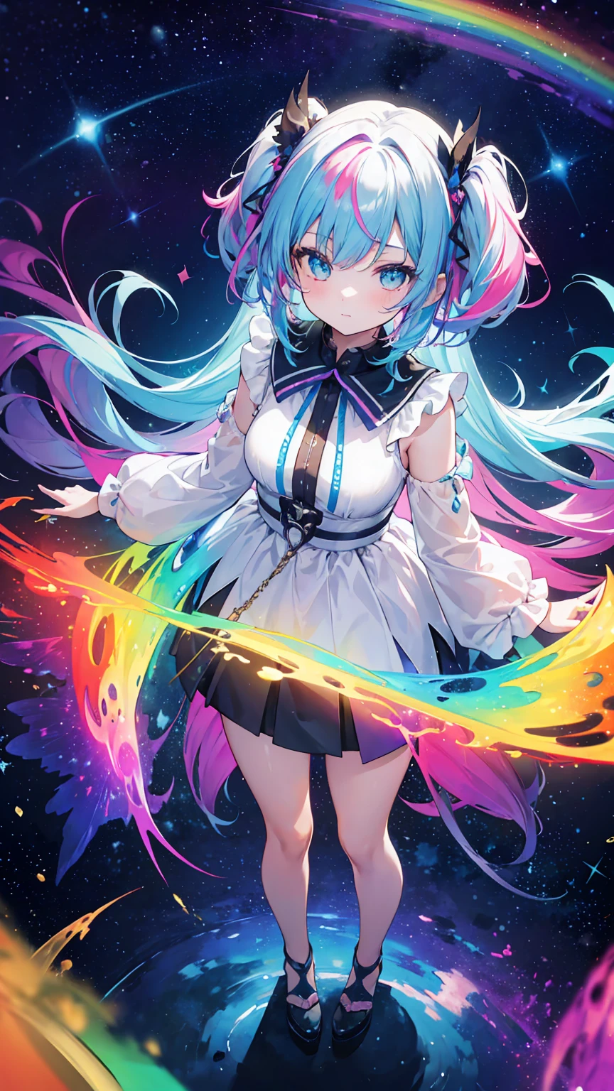 (masterpiece, best quality), (colorful:1.4), from above, solo, 1girl standing beneath a canopy of rainbow-colored auroras, with wisps of magic swirling around her and a bag of celestial treasures, depth of field, fisheye lens