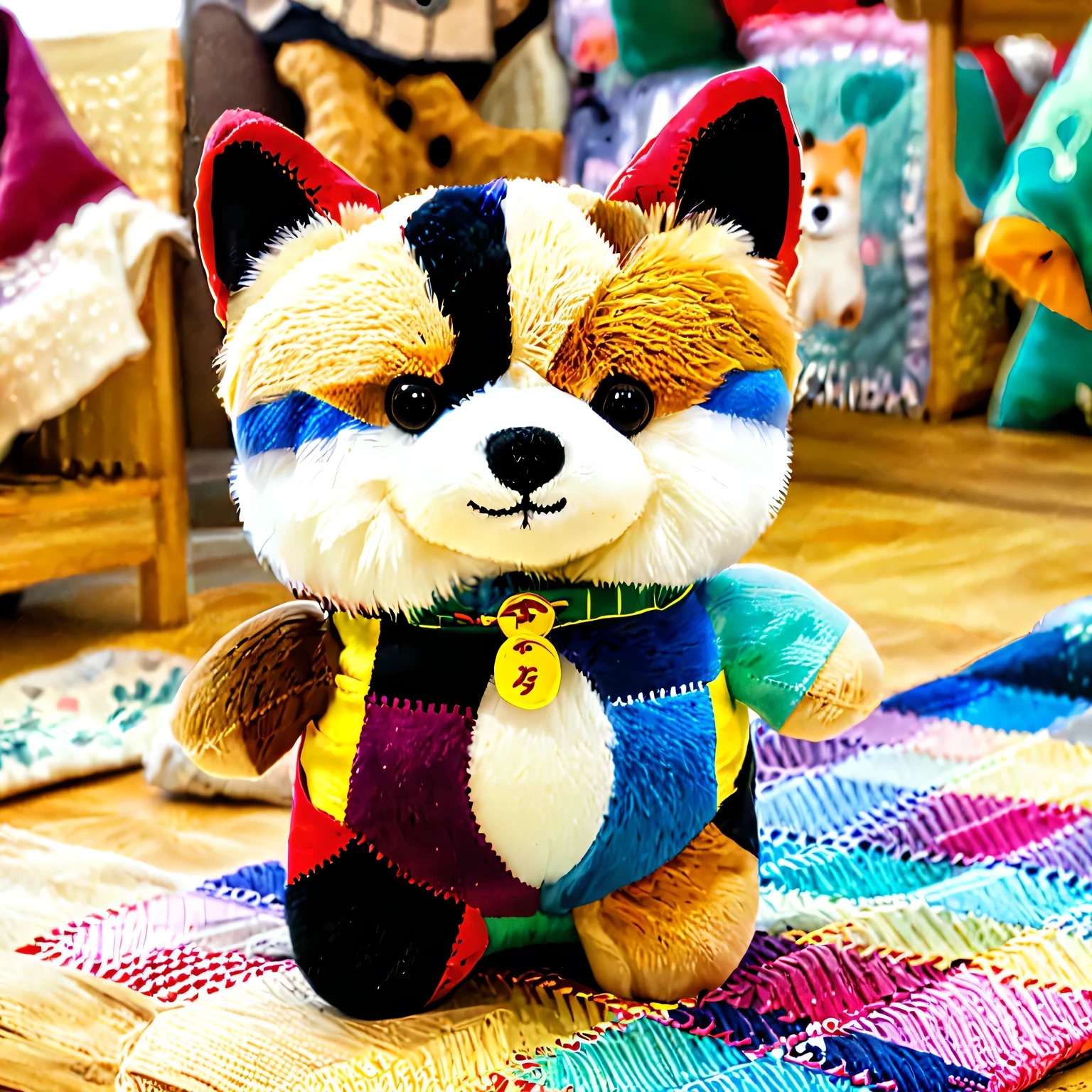 Design of Sewn Patchwork Shiba inu toy, sewn from scraps with large threads, children's toy, bright natural colors, Shiba inu toy