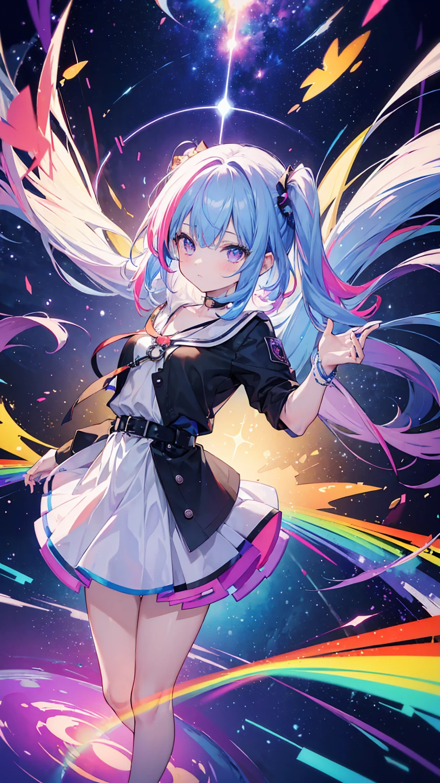 (masterpiece, best quality), (colorful:1.4), from above, solo, 1girl standing on the threshold of a portal to other realms, with shimmering energy crackling in the air and a bag of keys to unlock alternate dimensions, depth of field, fisheye lens