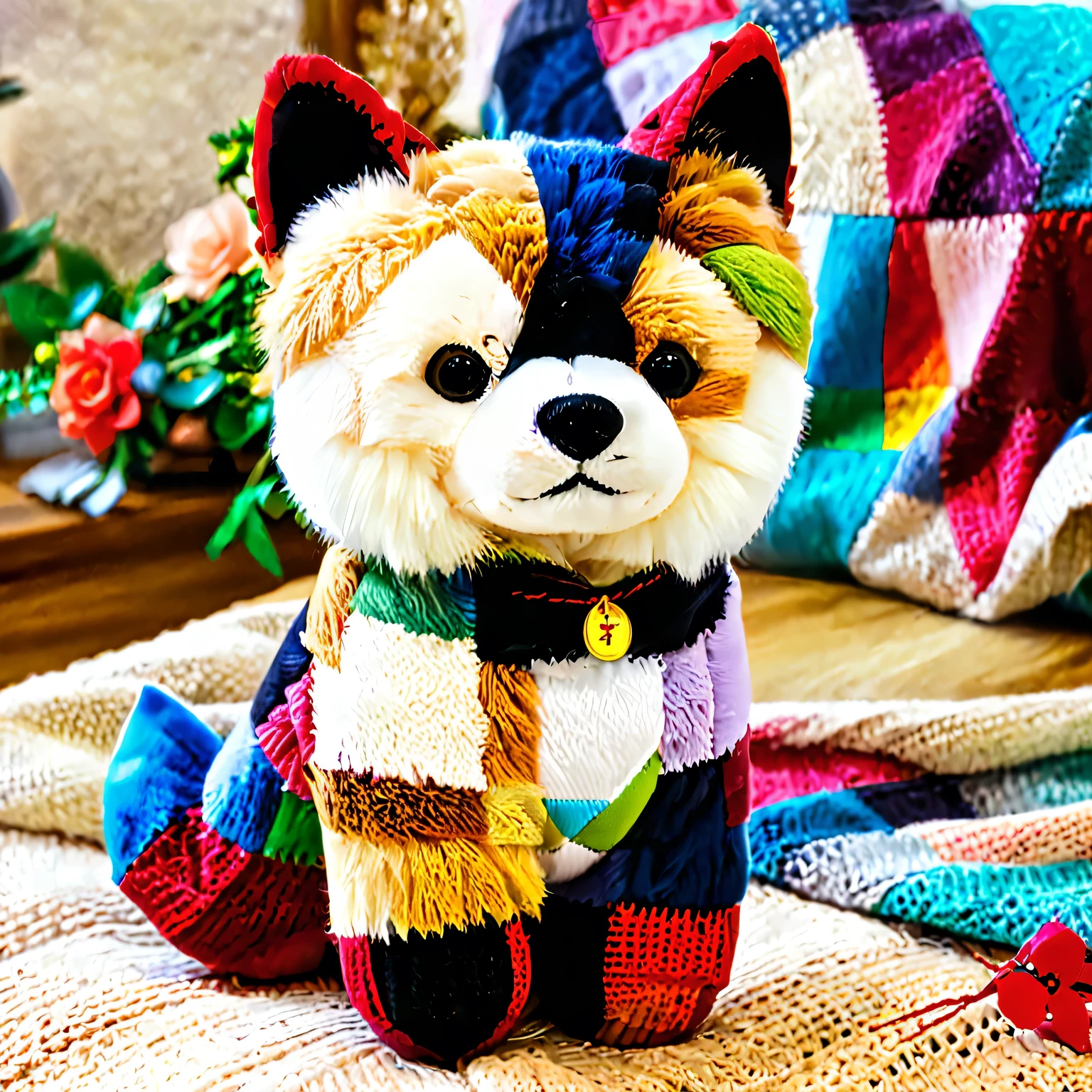 Design of Sewn Patchwork Shiba inu toy, sewn from scraps with large threads, children's toy, bright natural colors, Shiba inu toy