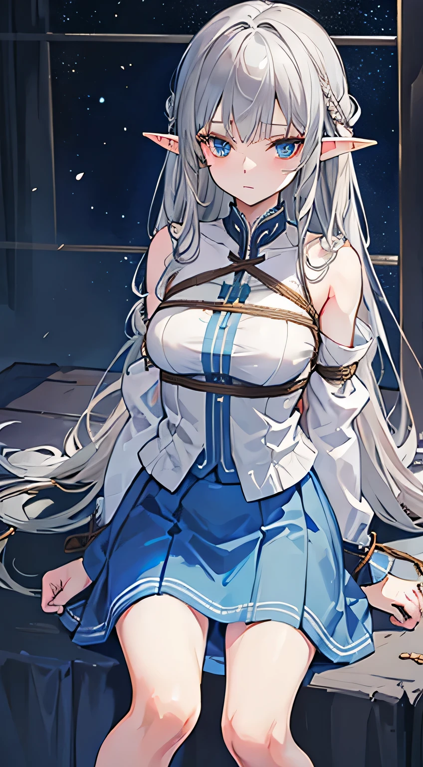 high quality, masterpiece, Very detailed,Long Hair, beautiful girl,Gray Hair,blue eyes,Shoulder Bare,Elf Ears,Elven clothing,Short skirt,View you,My body is tied with a rope,My legs are tied with ropes,Solitary confinement