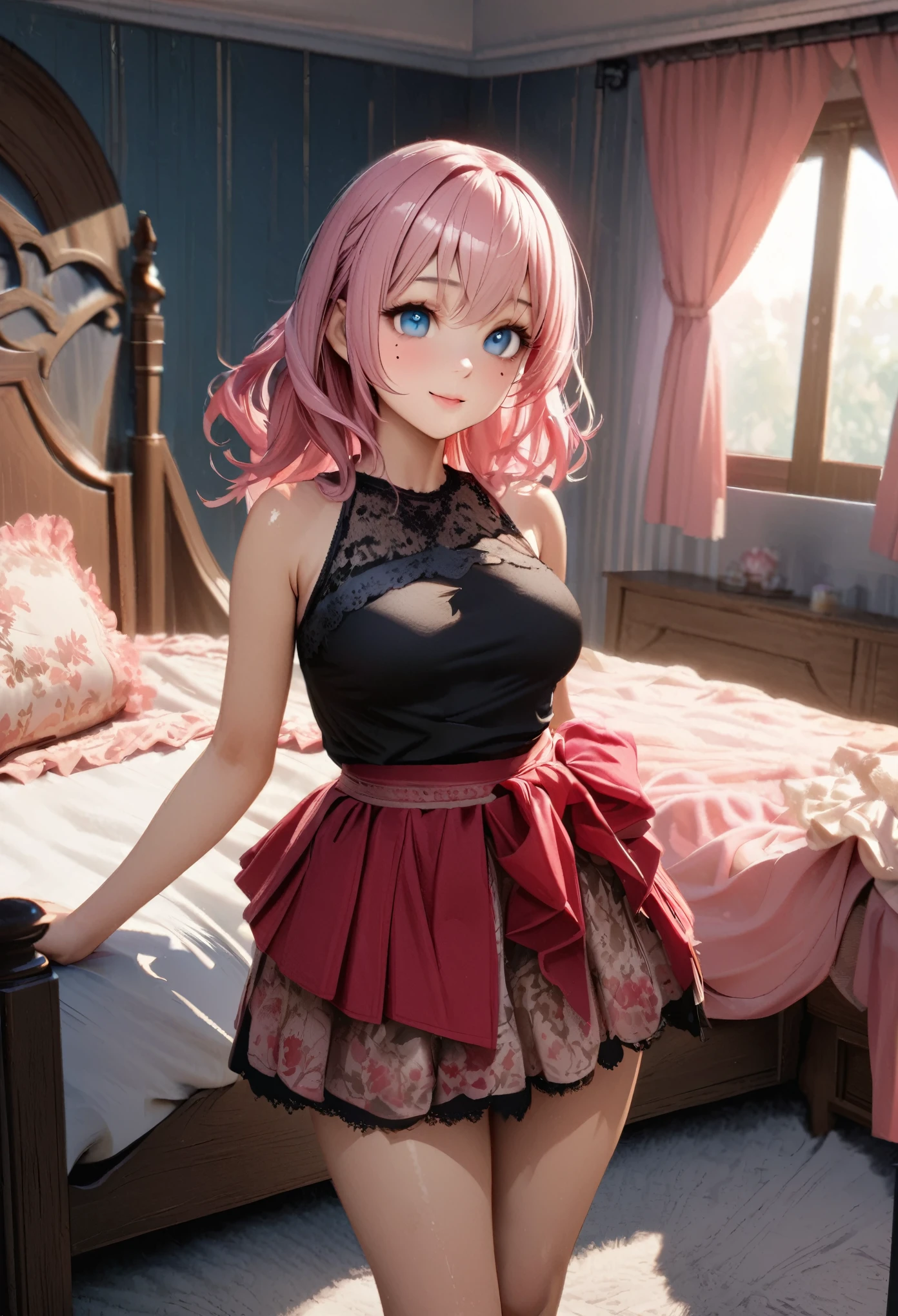 One Girl、Looking at the audience、
Beautiful Blue Eyes、shoulder-length pink hair、,Mole under the eye、Plump and glossy lips、Heart-shaped choca、Idol、smile、ー、。.。.。.。.。.。.。.。.。.。.。.。.。.。.。.。.。.。.3D、Realistic、
The black tank top and hort skirt、Drape clothes、gem、The decoration has been removed、Floral、Lace trim、girl's room,large bedroom,
masterpiece、highest quality、8k、Detailed skin texture、Detailed cloth texture、Beautifully detailed face、Intricate details、Very detailed、
超A high resolution、8K Ultra HD、Film Grain、Best Shadow、delicate、Staring at the audience、front