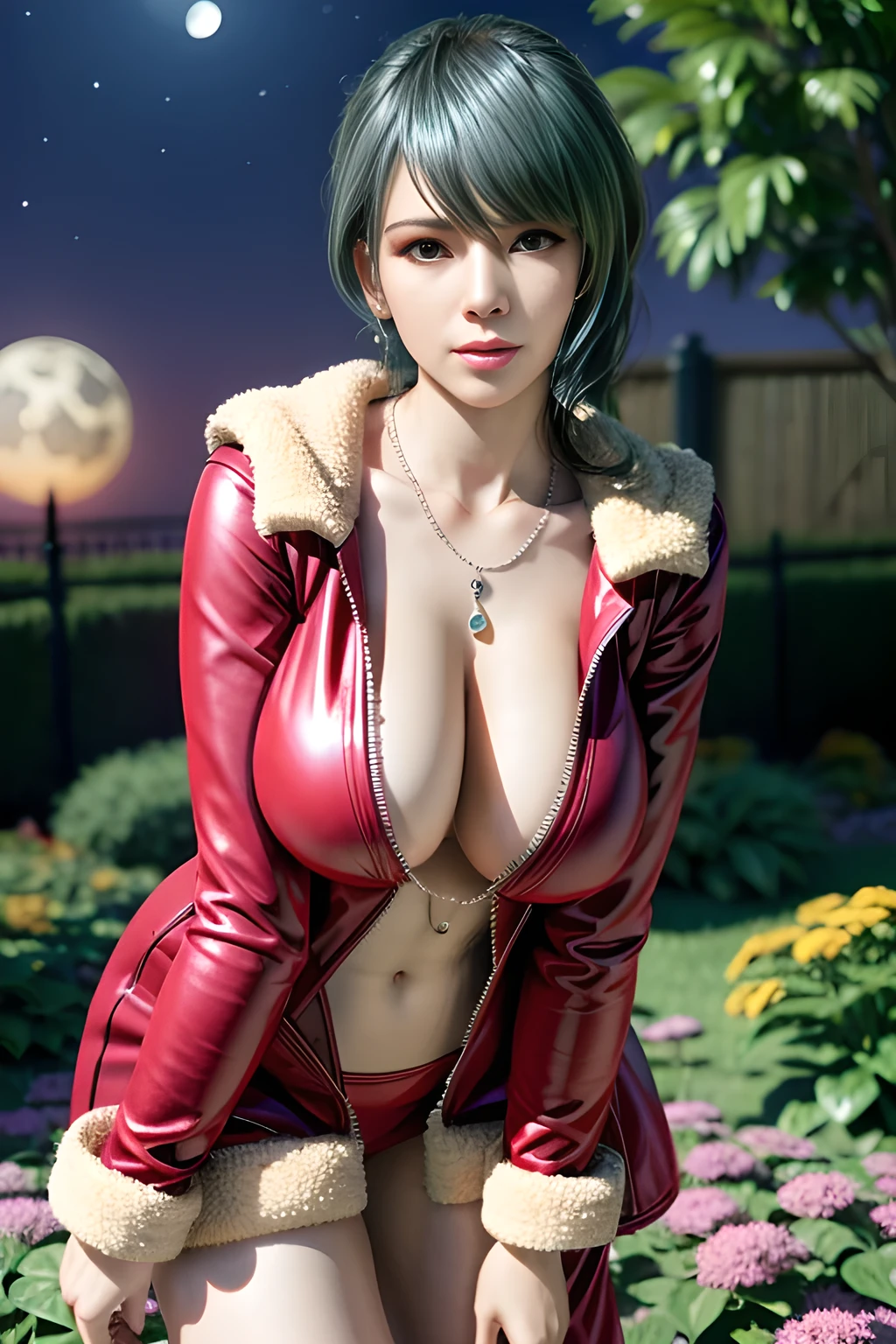 1 girl,lean over WINK, (Wearing Jewel:1.2) ,( dark red coat),(Fluffs :1.2),（mother-of-pearl chain:1.4), garden,nighttime,moon,( ????????????:1.1),cleavage,shiny skin,lip gloss,tattoos, masterpiece, best quality, realistic ,Surrealism,Rich artistic colors,natural colors art in 8k,3D,Portrait art,solo, tamaki