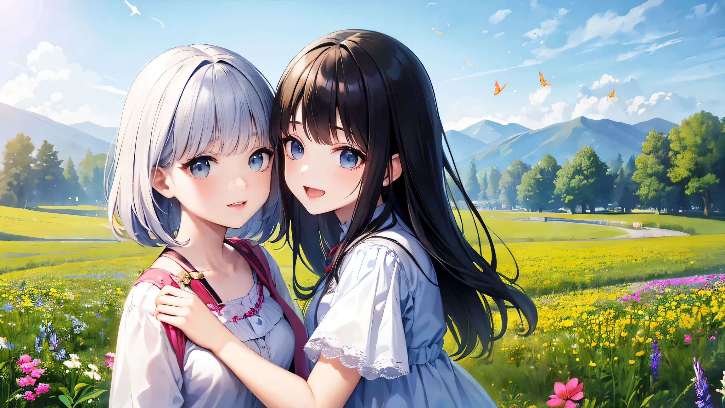 Two pure and innocent girls,(10 years old)、(2 people)、Cute face、Beautiful Eyes、Odd Eye、Natural Beauty、Warm sunshine、Wildflowers swaying in the wind々Surrounded by、Enjoying time in the fields。Butterflies and birds flutter around her、Creates a playful atmosphere、fun、smile、