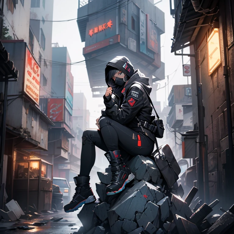 a woman sitting on top of a pile of skulls, cyberpunk city street background, unreal engine character art, anonymous mask, an edgy teen assassin, artgerm ; 3d unreal engine, ( ( character concept art ) ), mmorpg gameplay, antifa, cloaked woman, anonymous