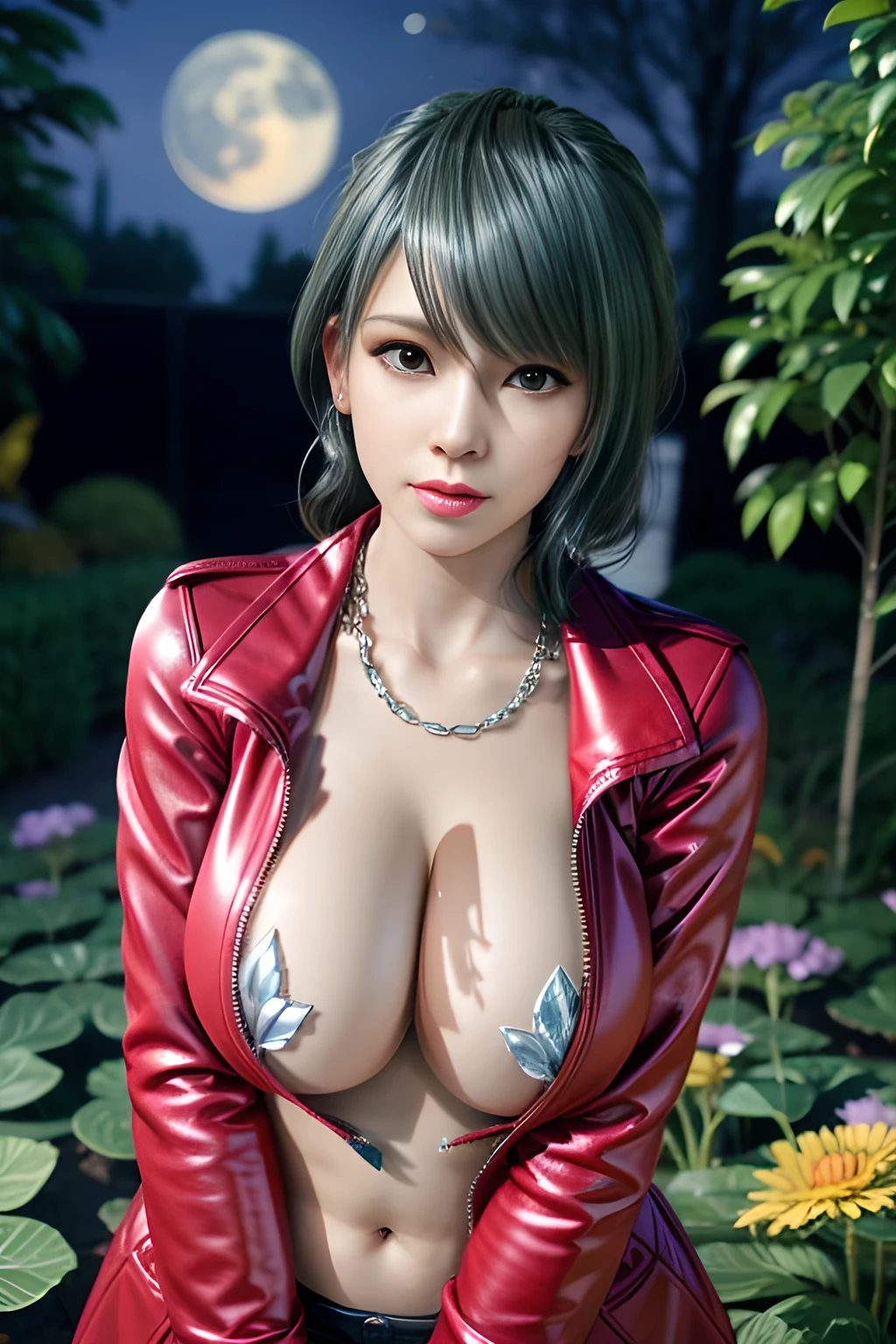 1 girl,lean over WINK, (Wearing Jewel:1.2) ,( dark red coat),(Fluffs :1.2),（mother-of-pearl chain:1.4), garden,nighttime,moon,( huge breasts:1.1),cleavage,shiny skin,lip gloss,tattoos, masterpiece, best quality, realistic ,Surrealism,Rich artistic colors,natural colors art in 8k,3D,Portrait art,solo, tamaki