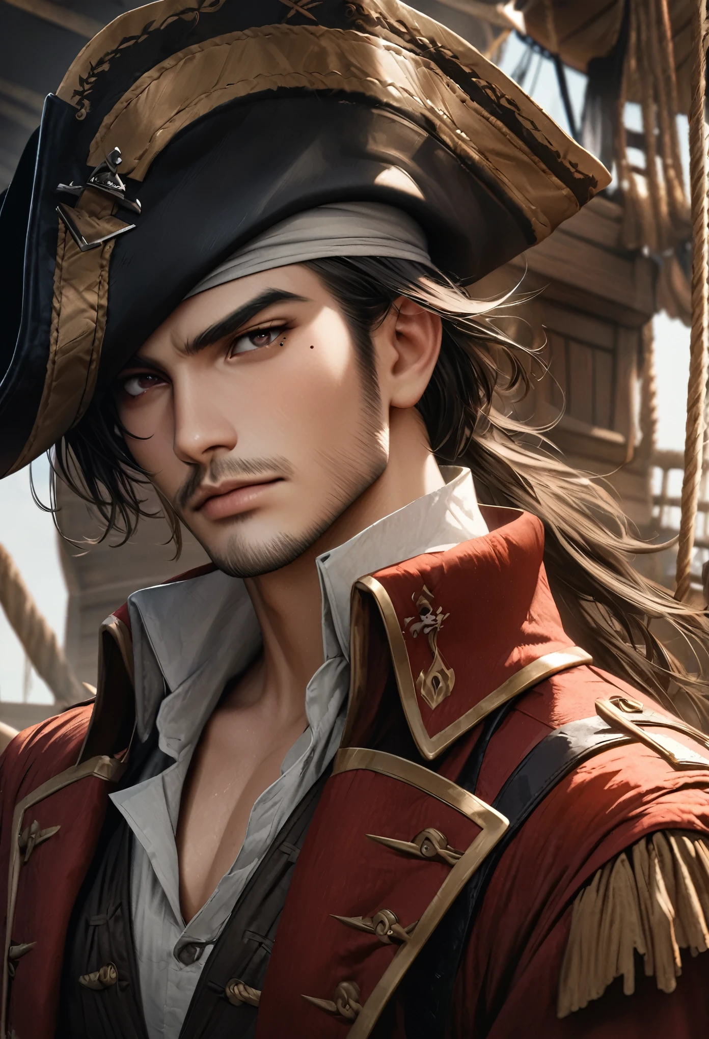 Little Masterpiece, highest quality, High resolution, High resolution, High resolution, High resolution, 4K, 8k, unity 8k wallpaper, High resolution CG, masterpiece, Realistic, Beautiful in every detail, depth, Detailed Texture, highest quality: 1.3, Total concentration, Perfect Skin, he, very good-looking handsome young male pirate, anime, pirate, Cool handsome、Handsome、pirate costume, pirate ship, whole body, mole under the eye, gaze looking at the viewer, Lips parted,