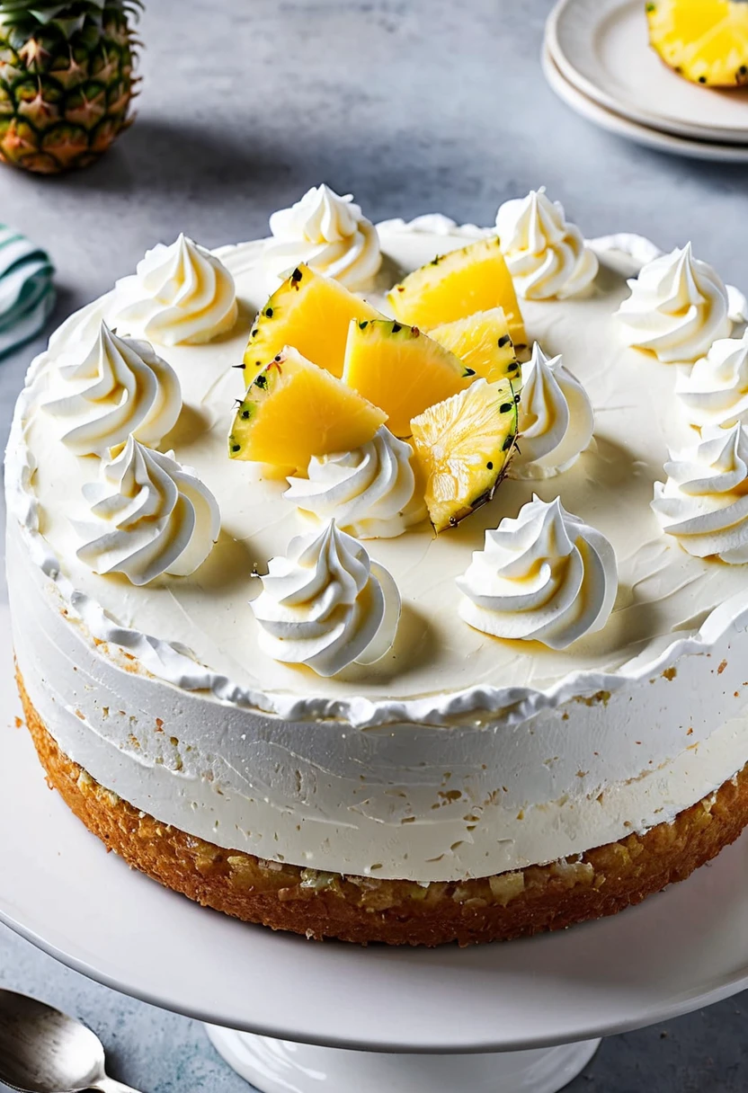 une photo d'a round cake with whipped cream and pineapple