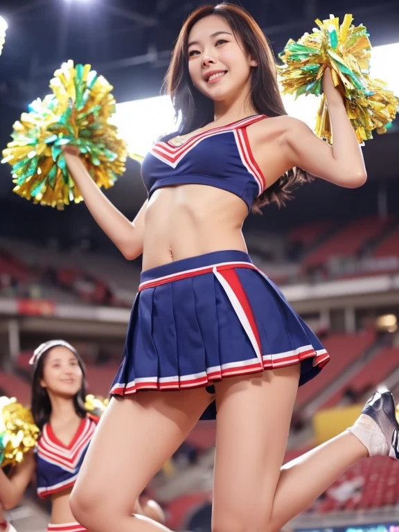 (RAW shooting:1.2)、(photorealistic:1.4)、(masterpiece:1.3)、(highest quality:1.4)、beautiful japanese woman、7 head and body、Beautiful eyes in every detail、eyelash、beautiful double eyelids、eye shadow、perfect eye makeup、solo、cute、(cute:1.2)、(smile full of happiness:1.4)、gentle smile、Expression of excitement、(short bob:1.2)、fluffy hair、(angle from below:1.3)、(full body shot)、more skin、(big breasts:1.3)、beautiful breasts、(cleavage)、(cheerleader:1.5)、(mini skirt)、beautiful and thin legs、(beautiful woman with perfect body:1.3)、shiny skin、(Lively poses like cheerleading:1.5)、(He has a big bonbon in both hands.:1.3)、jumping、look at the camera、stadium、night time、illumination、sexy navel、beautiful armpits、skinny legs、thin eyebrows、(very sexy:1.3)、Bokeh、obscene、erotic、(perfect anatomy:1.2)