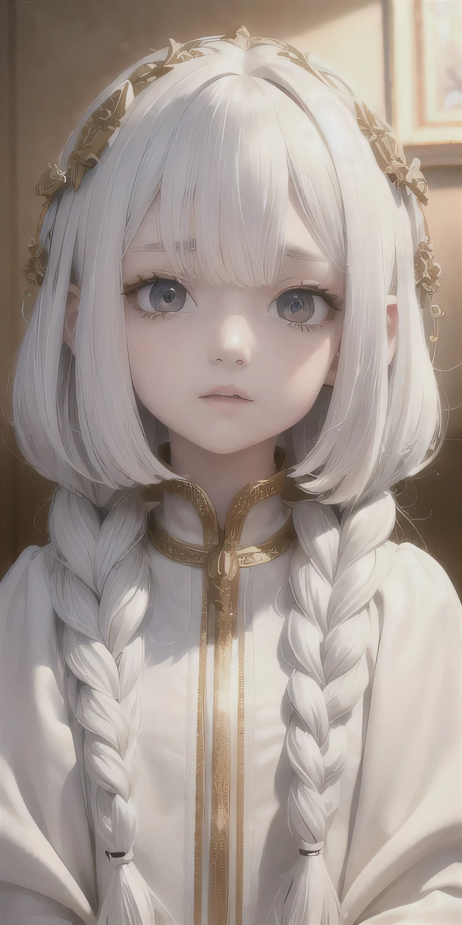 best quality, masterpiece,white hair, gold eyes,white clothes, looking up, upper body,hair strand,Fair skin,side braids