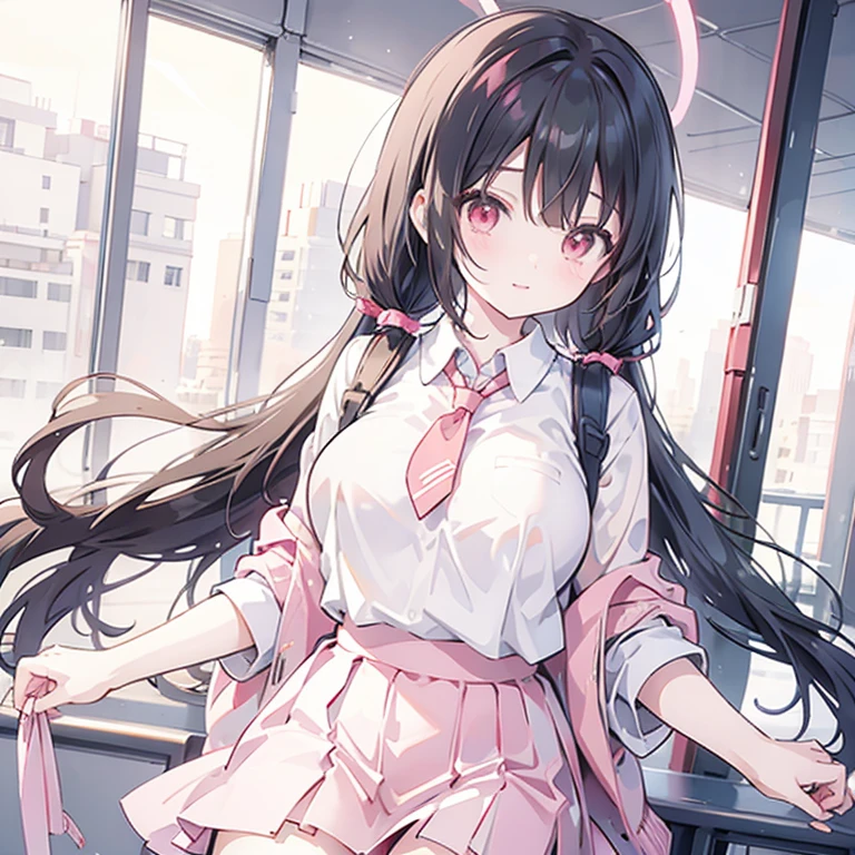 yunyun Black Hair Short length pigtails Hair tied low with a red ribbon smile Pink tie Chest visible Round boobs Big red eyes Short sleeve Pink and white miniskirt Hold the edge of the skirt with your hands Sweat There's a golden circle in the left side of my hair smile Big Breasts