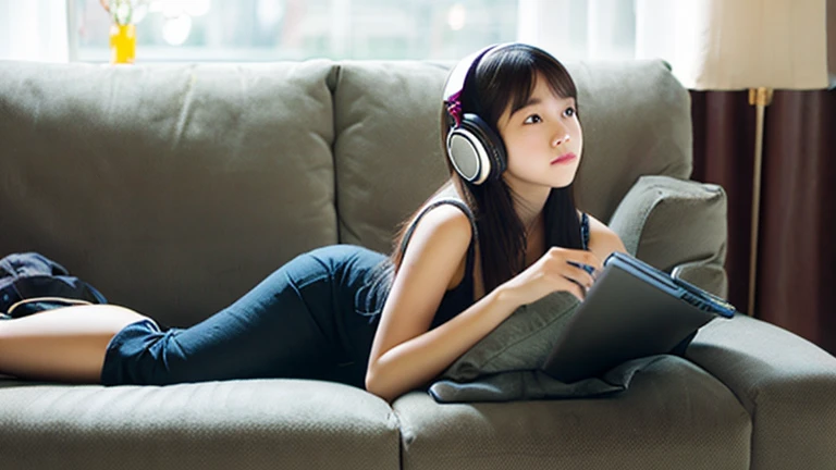 A girl is sitting on a sofa, touching her mobile phone, wearing headphones