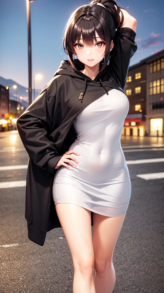 1girl, female_solo, mature black woman, long brunette ponytail, ,medium_breasts, brown_eyes, slim_figure, lipstick, av idol, Drawstring Hoodie Ruched Dress, Casual Long Sleeve Dress, pier at night, hands on rail, Enhance, by the pier, back turned