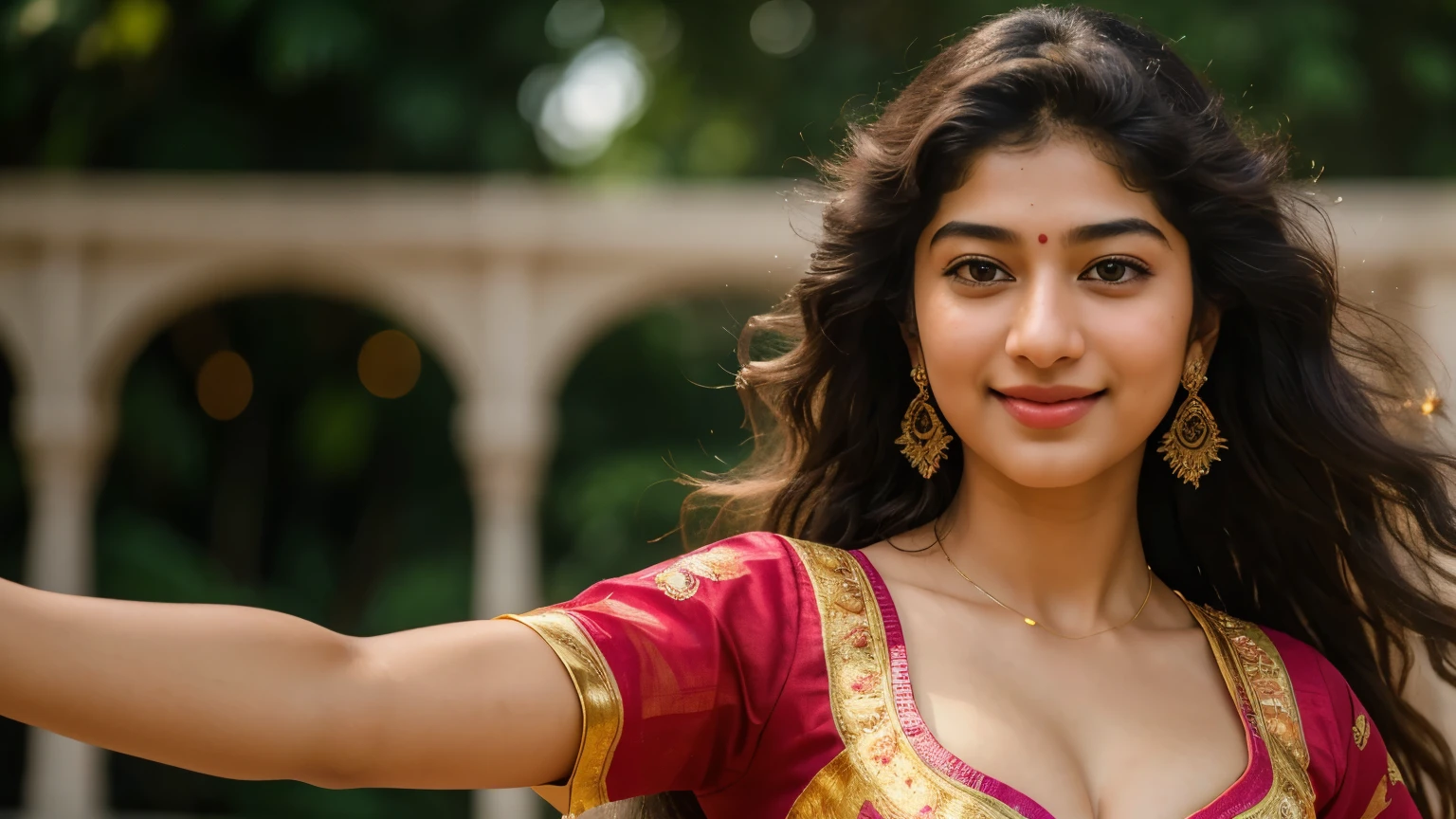 sai pallavi,hd,(best quality,4k,8k,highres,masterpiece:1.2),ultra-detailed,(realistic,photorealistic,photo-realistic:1.37),portrait,natural lighting,expressive eyes,glowing skin, big breasts with bra, dancing pose,traditional costume,colorful backdrop,charming smile,vivid colors,bokeh