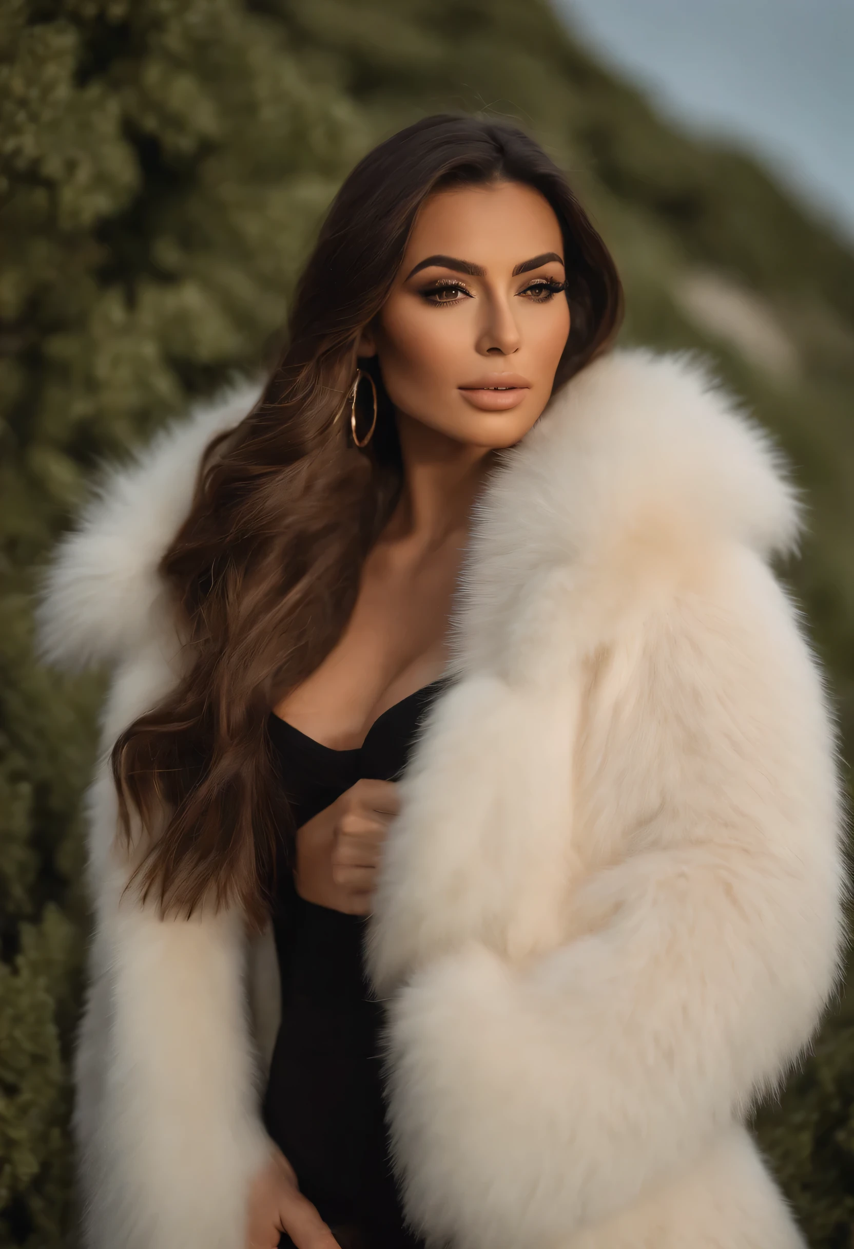 arafed femme pleinement , Fille sexy aux yeux marrons, ultra realistic, meticulously detailed, Portrait de Sophie Mudd, cheveux bruns et grands yeux, selfie d'une jeune femme, The eyes of Dubai, sans maquillage, Maquillage naturel, regarder directement la caméra, visage avec artgram, maquillage subtil, superbe photo de la moitié du corps, regarder la caméra comme un selfie nu, buste de taille moyenne à grande A very wide and very thick, manteau de fourrure extra long, en vison blanc, fifty centimeters thick, duveteux, naturel, with an ultra thick white mink fur collar, three layers, sur Kim Kardashian, fully nude profile view, elle pose les mains sur les seins, bare shoulders, and two large breast discovered by the fur, at sunny Pebble Beach golf