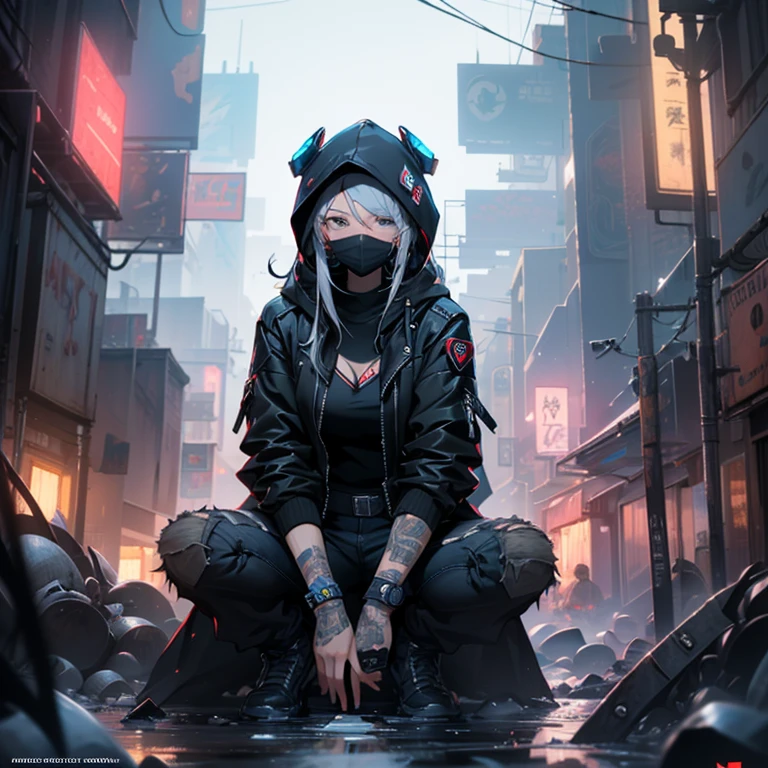a woman sitting on top of a pile of skulls, cyberpunk city street background, unreal engine character art, anonymous mask, an edgy assassin, artgerm ; 3d unreal engine, ( ( character concept art ) ), mmorpg gameplay, antifa, cloaked woman, anonymous