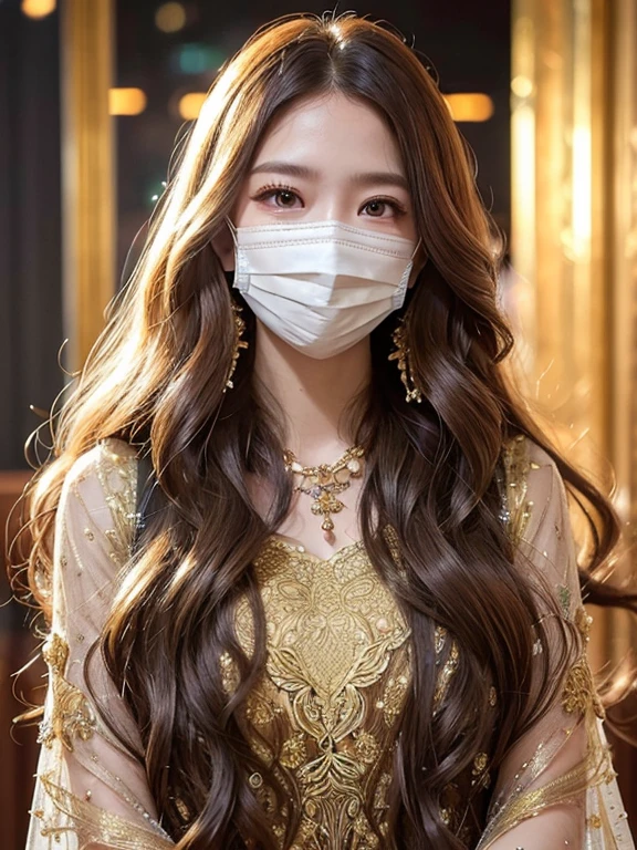 supermodel with detailed long curly frizzy flowy hair, wearing golden (translucent and intricately embroidered) (metallic surgical mesh mask) covering face, ((obscured mouth)), wearing weird future fashion,  luxurious and intricate golden accents, cinematography, intricately detailed, crafted, meticulous, magnificent, maximum details, extremely hyper aesthetic, bokeh, professional photoshoot