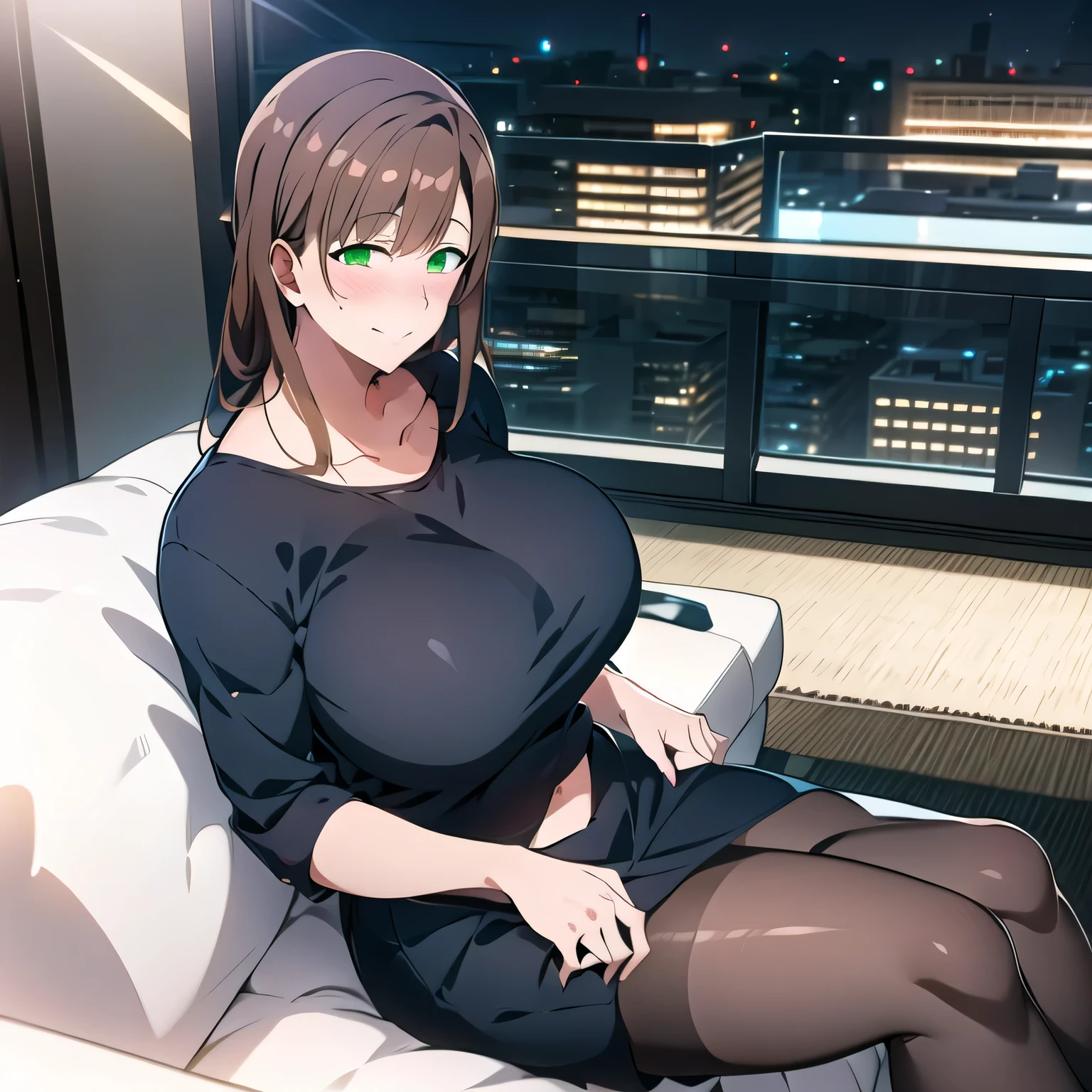 1 Woman, Solitary, Long hair, Looking at the audience, Smile, blush, Large Breasts, Brown hair, shirt, Long sleeve, loose shirt, Hair accessories, Green Eyes, clavicle, Weaving, black pantyhose, black shirt, single Weaving, hair tie, Shoulder-length hair, hair hair tie, Mature female, Wide hips,sofa,Sitting,Cross your legs,Night,look at me