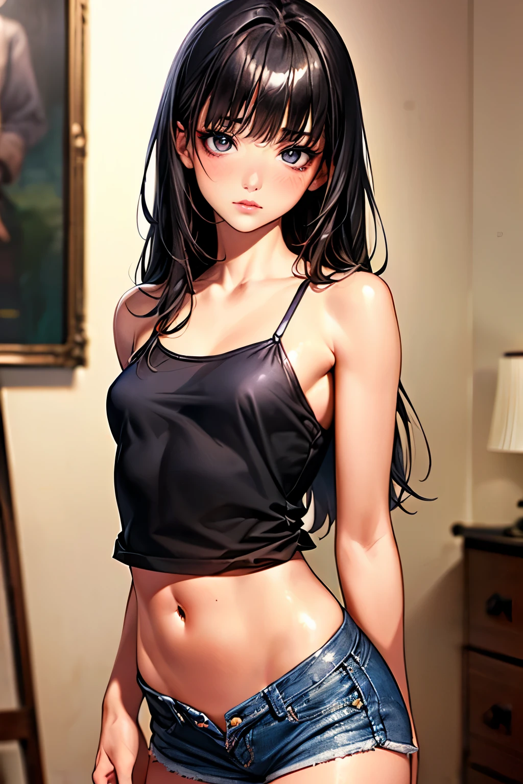 ((perfect anatomy:1.2,realistic:1.5,RAW Photography:1.5,masterpiece、highest quality、Ultra - High resolution、High resolution、Highly detailed CG、8K)),cowboy shot,1 female,solo、18 year old beauty,Japanese,((beautiful detailed face and eyes:1.3,big gorgeous eyes:1.3,black eyes)),black hair,long hair,straight hair,blunt bangs,blush,((medium breasts,slender body,small head:1.3,skinny)),(gleaming skin,oily skin:1.3,shiny skin),(white camisole,navel、Denim micro mini shorts),Simple bedroom、