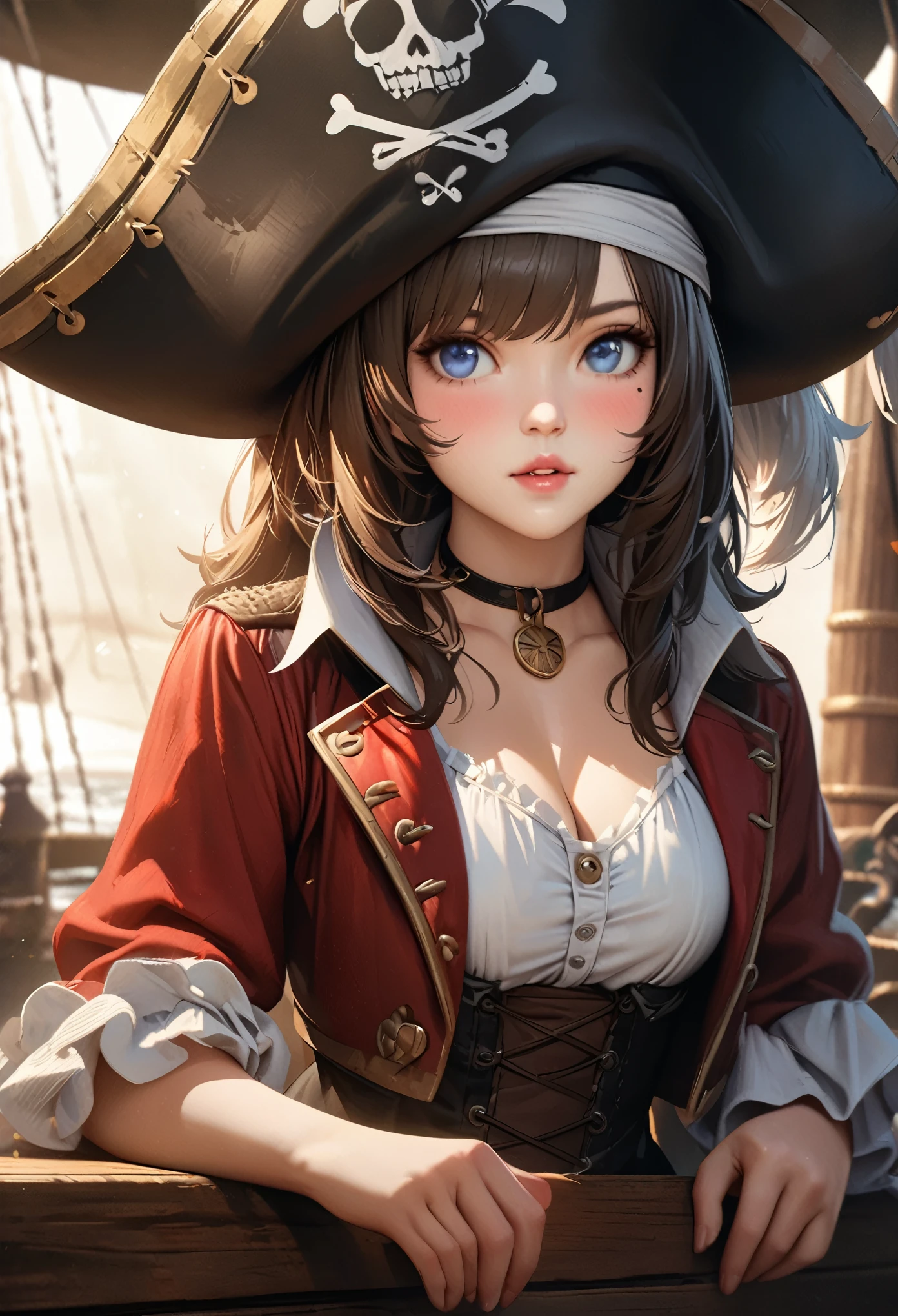 LittleMasterpiece, Best Quality, Highly Detailed, High Definition, High Definition, High Definition, 4k, 8k, Unity 8K Wallpaper, Highly Detailed CG, Masterpiece, Realistic, Beautiful Details, Depth, Fine Texture, Best Quality: 1.3, Total concentration, perfect skin, him, very cute anime, female pirate, pirate costume, pirate ship, whole body, mole under the eye, gaze, high, blush, lips parted, his art, Blue eyes, choker