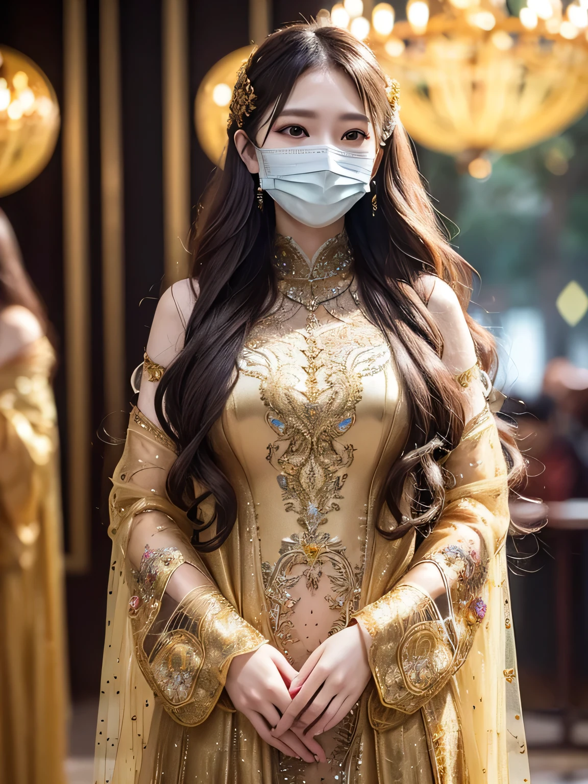 supermodel with detailed long curly frizzy flowy hair, wearing golden (translucent and intricately embroidered) (metallic surgical mesh mask) covering face, ((obscured mouth)), wearing weird future fashion, luxurious and intricate golden accents, cinematography, intricately detailed, crafted, meticulous, magnificent, maximum details, extremely hyper aesthetic, bokeh, professional photoshoot