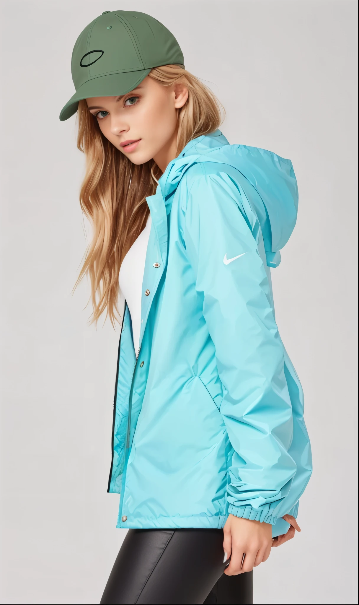 a woman wearing a Jaqueta azul and a beisebol hat is standing, Jaqueta azul, vestindo um moletom azul neon, wearing a Jaqueta azul, in teal clothes, garota de capa de chuva, wearing Jaqueta azul, vestindo um moletom azul, harmony Jaqueta azul, she is wearing a wet coat, espuma do mar verde, Parka Azul, turquesa, vestindo jaqueta, in tennis coat