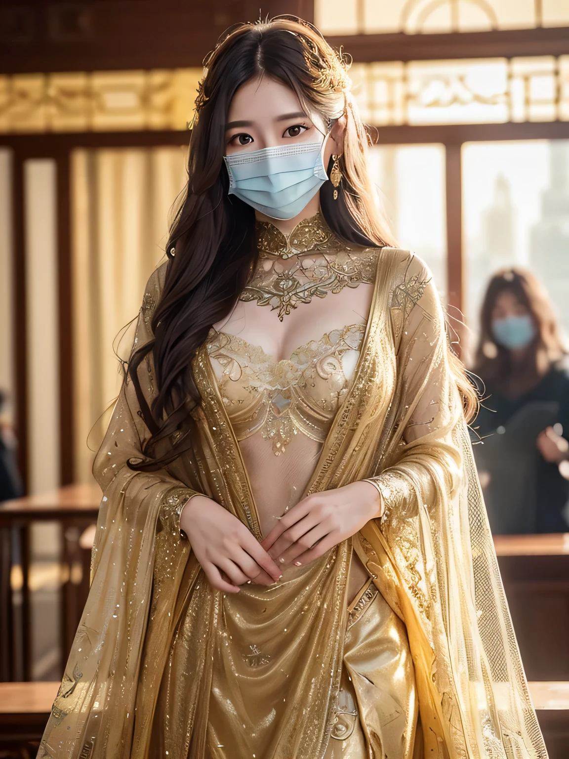supermodel with detailed long curly frizzy flowy hair, wearing golden (translucent and intricately embroidered) (metallic surgical mesh mask) covering face, ((obscured mouth)), wearing weird future fashion,  luxurious and intricate golden accents, cinematography, intricately detailed, crafted, meticulous, magnificent, maximum details, extremely hyper aesthetic, bokeh, professional photoshoot