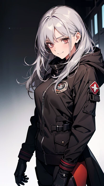 1girl, long gray hair, military gear, tactical vest, black clothes, oxygen mask, black gloves, glowing purple eyes, mechanized