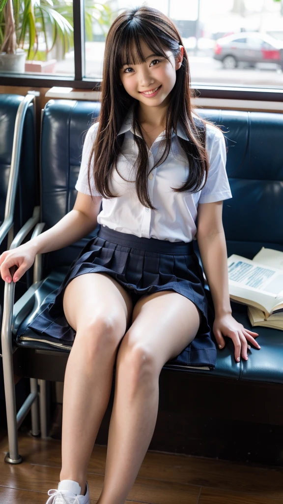 smile, (At the station ticket gate:1.2), ((school uniform:1.2)), girl,RAW Photos, (photoRealistic:1.37, Realistic), Highly detailed CG integrated 8K wallpaper, View your viewers, (((Straight from the front))), (high qualityスキン:1.8, Shiny skin), 8K Ultra HD, Digital SLR, Soft lighting, high quality, (Professional Lighting:1.6),barefoot,Muscles from thigh to ankle,White sneakers