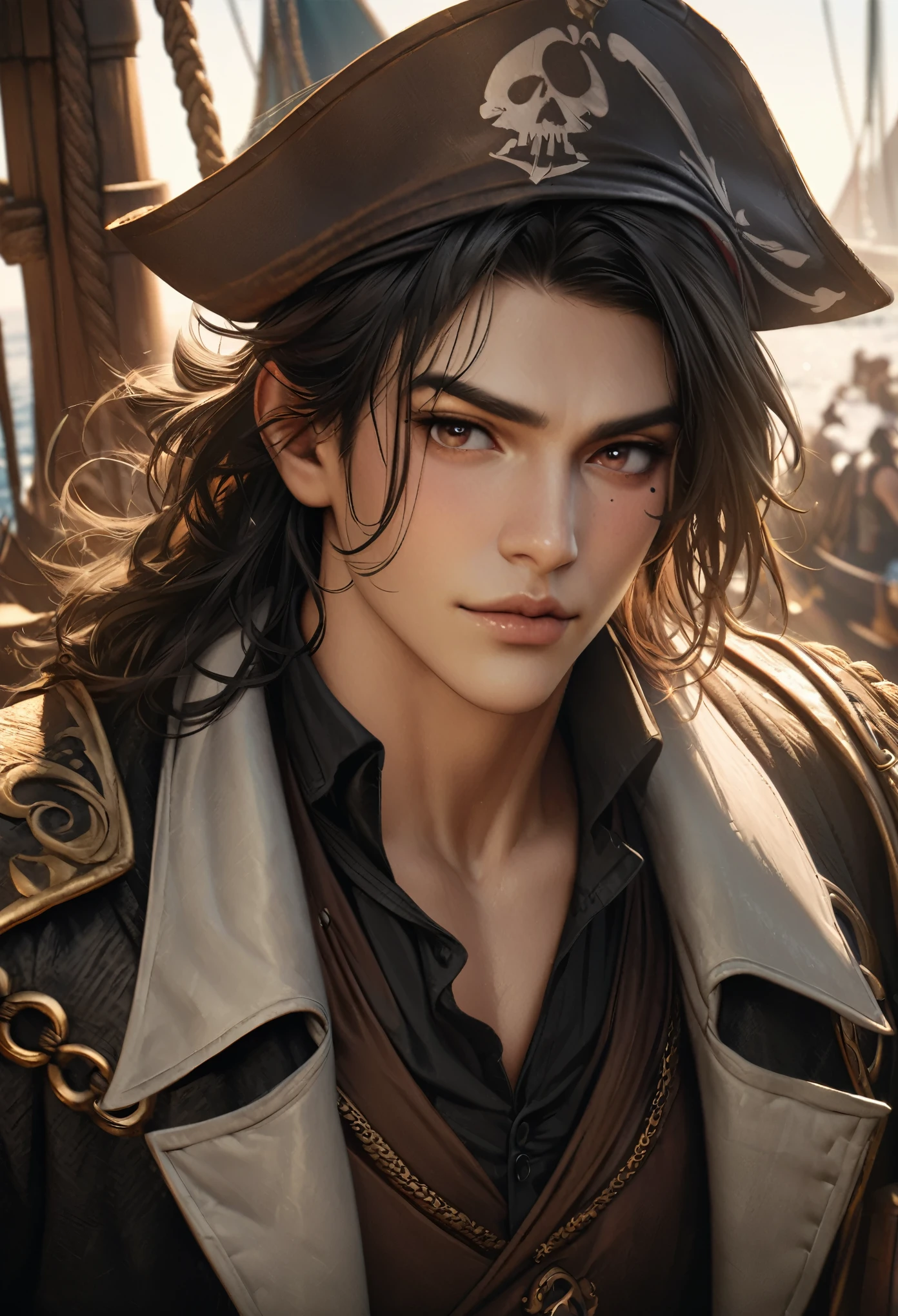 Little Masterpiece, highest quality, High resolution, High resolution, High resolution, High resolution, 4K, 8k, unity 8k wallpaper, High resolution CG, masterpiece, Realistic, Beautiful in every detail, depth, Detailed Texture, highest quality: 1.3, Total concentration, Perfect Skin, he, very good-looking handsome young male pirate, anime, pirate, Cool handsome、Handsome、pirate costume, pirate ship, whole body, mole under the eye, gaze looking at the viewer, Lips parted,