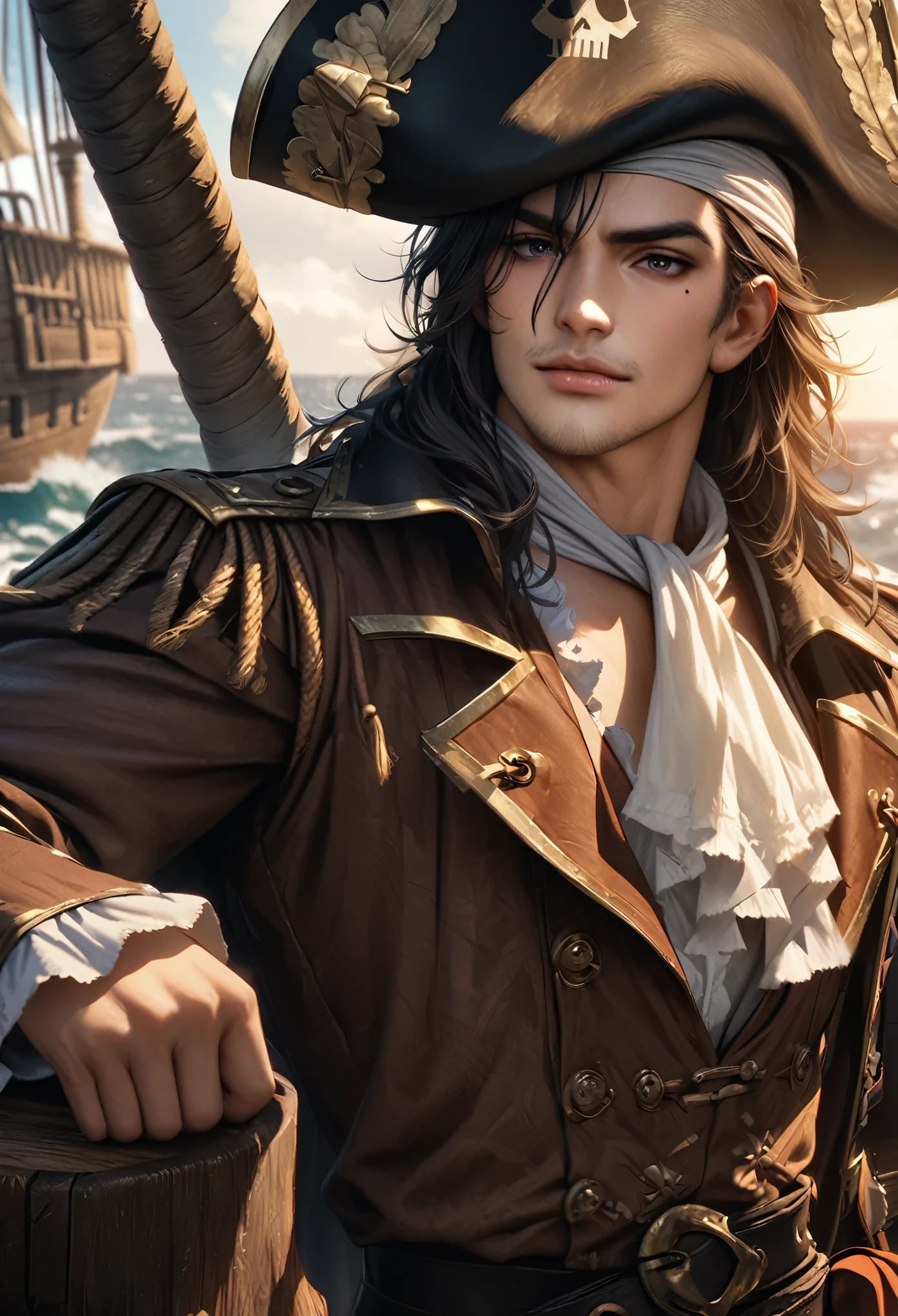 Little Masterpiece, highest quality, High resolution, High resolution, High resolution, High resolution, 4K, 8k, unity 8k wallpaper, High resolution CG, masterpiece, Realistic, Beautiful in every detail, depth, Detailed Texture, highest quality: 1.3, Total concentration, Perfect Skin, he, very good-looking handsome young male pirate, anime, pirate, Cool handsome、Handsome、pirate costume, pirate ship, whole body, mole under the eye, gaze looking at the viewer, Lips parted,
